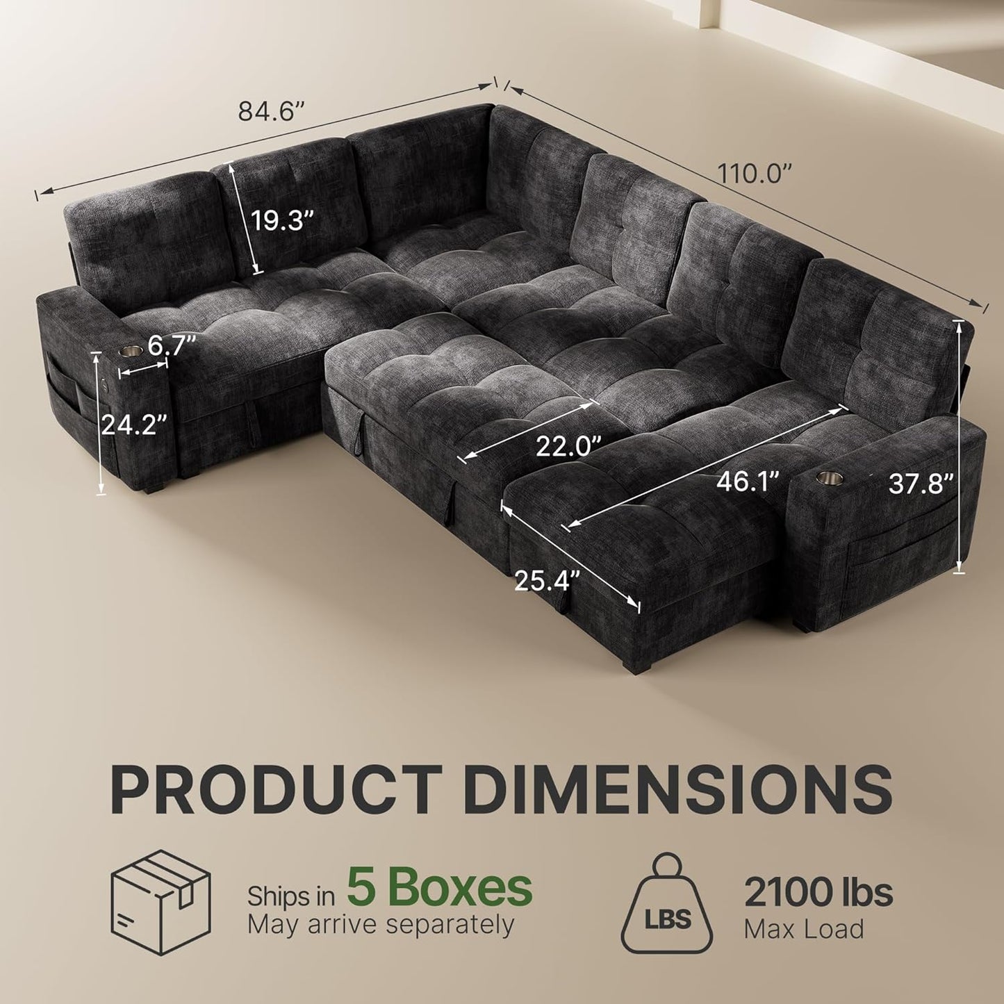 Marsail 110" Sectional Sleeper Sofa with Pull Out Bed, 7 Seat Modular Sectional Couch with Storage, USB & Cup Holders, Modern Chenille Cloud Sofa for Living Room, Dark Gray