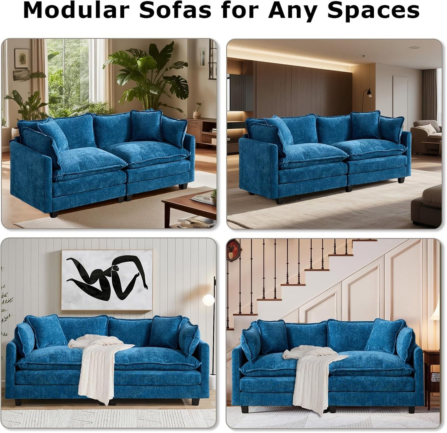 SoarFlash 113.78" Chenille Sectional Sofa, Comfy L Shaped Modular Coush Sofa with Ottoman, Modern 4 Seat Couch Deep Seat Sofa Set for Living Room,Blue