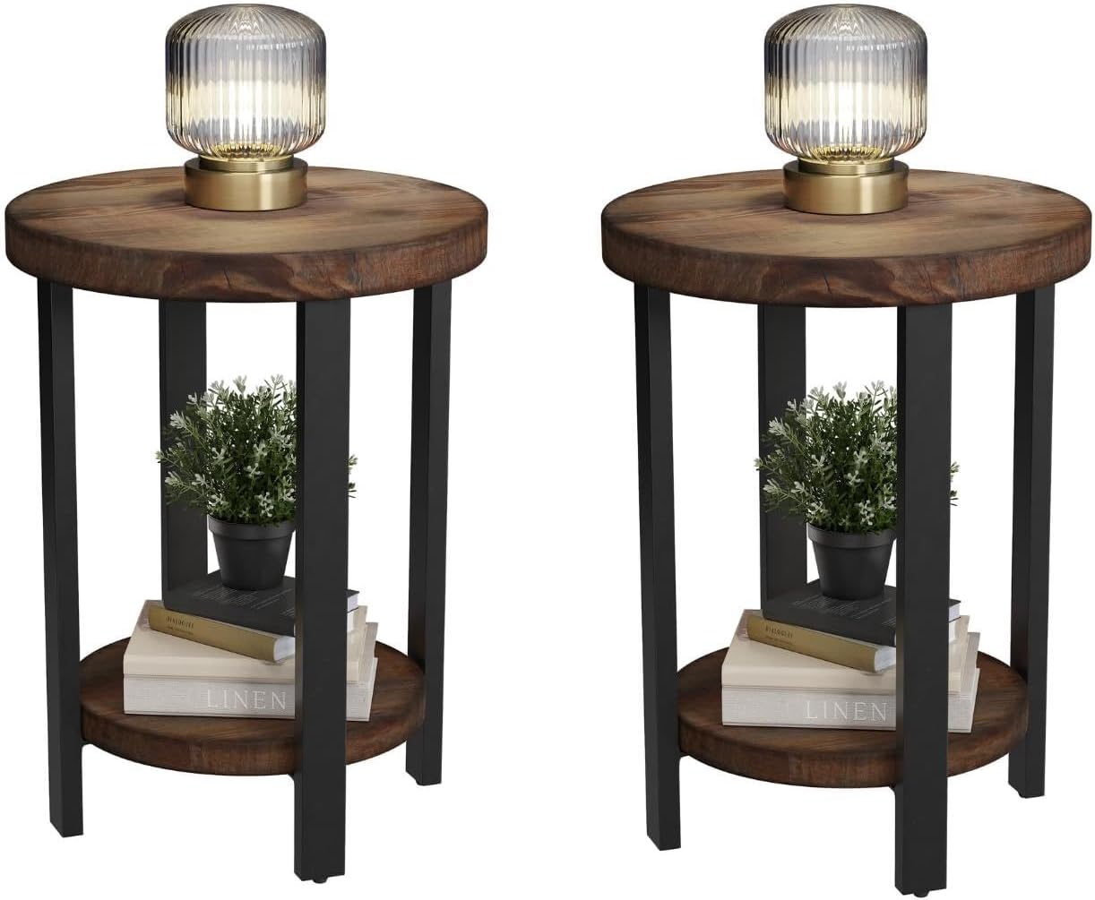 Alaterre Furniture Pomona Living Room Set of 2 Solid Wood Small Round End Tables with Shelf and Metal Legs – 2-Tier Modern Rustic Side Table or Nightstand (Rustic Brown)