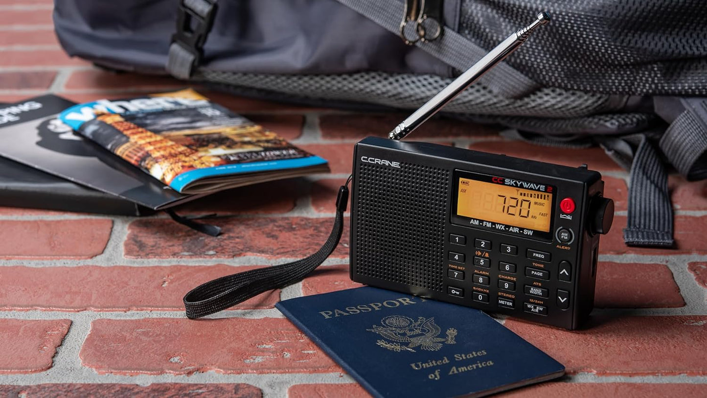 C. Crane CC Skywave 2 AM, FM, Shortwave, NOAA Weather + Alert, VHF Aviation Band, Small Battery-Operated Portable Travel Radio with Clock and Alarm