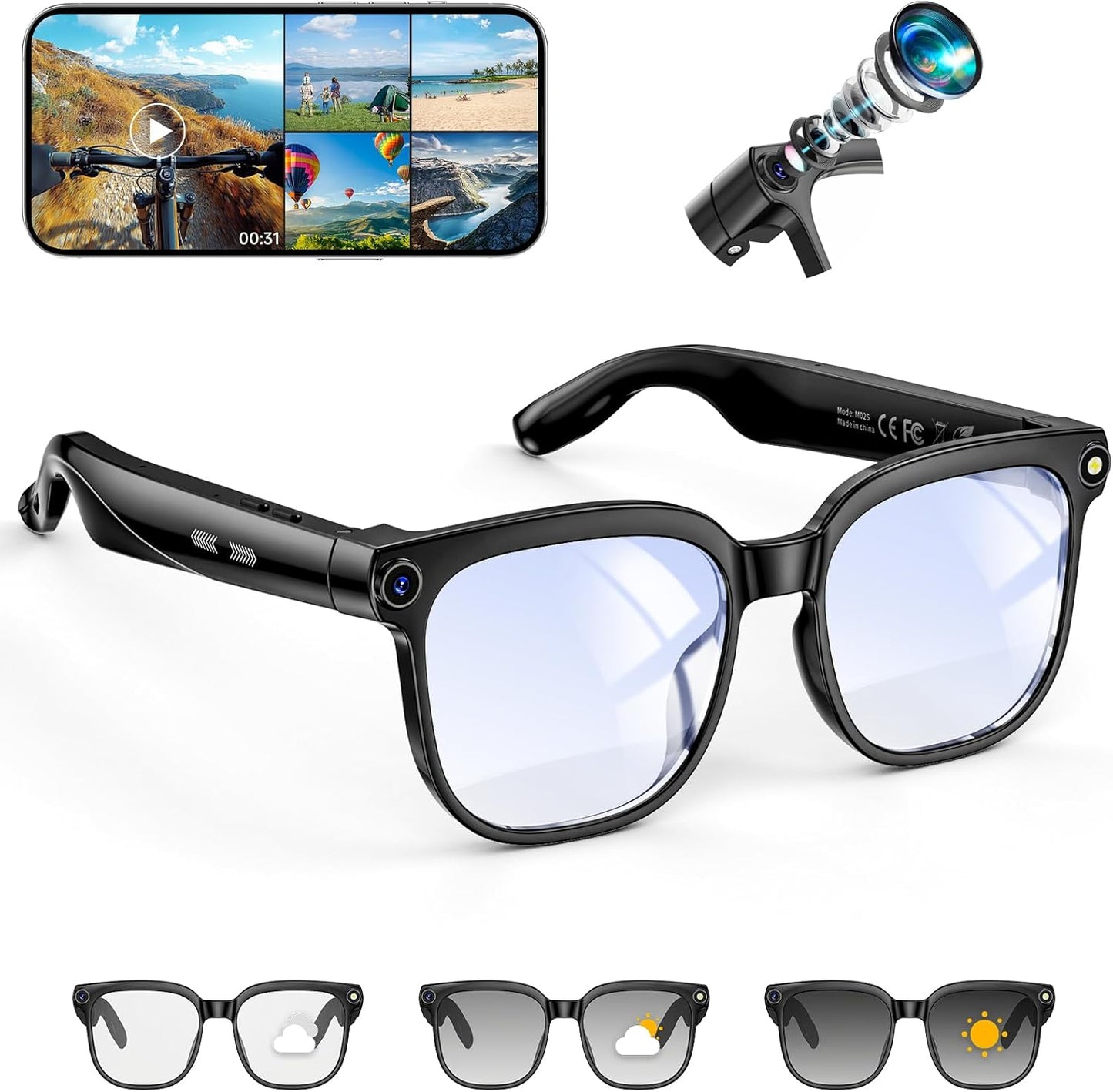 Hwagol Smart Glasses with Camera, 8MP HD Photo and Video Recording,AI Glasses with Real-Time Translation/Object Recognition/AI Voice Q&A/Recording, Calls and Music,UV & Blue Light Protection