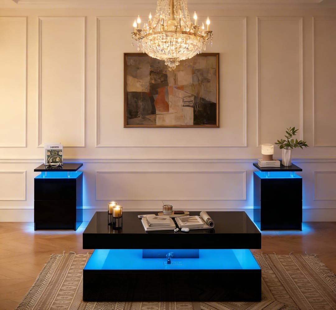 3-Piece Modern Living Room Table Set, Includes LED Coffee Table and End Tables Set of 2 with Storage Drawers, Black