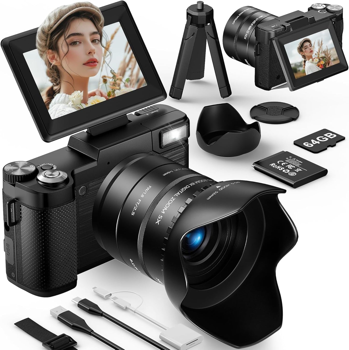FLATIC 6K Digital Camera, 75MP Cameras for Photography with 8X Optical Zoom & Tripod, Anti-Shake Vlogging Camera with 3" 180° Flip Screen, 64GB Card, Card Reader, Vlog Travel Cameras for Teens
