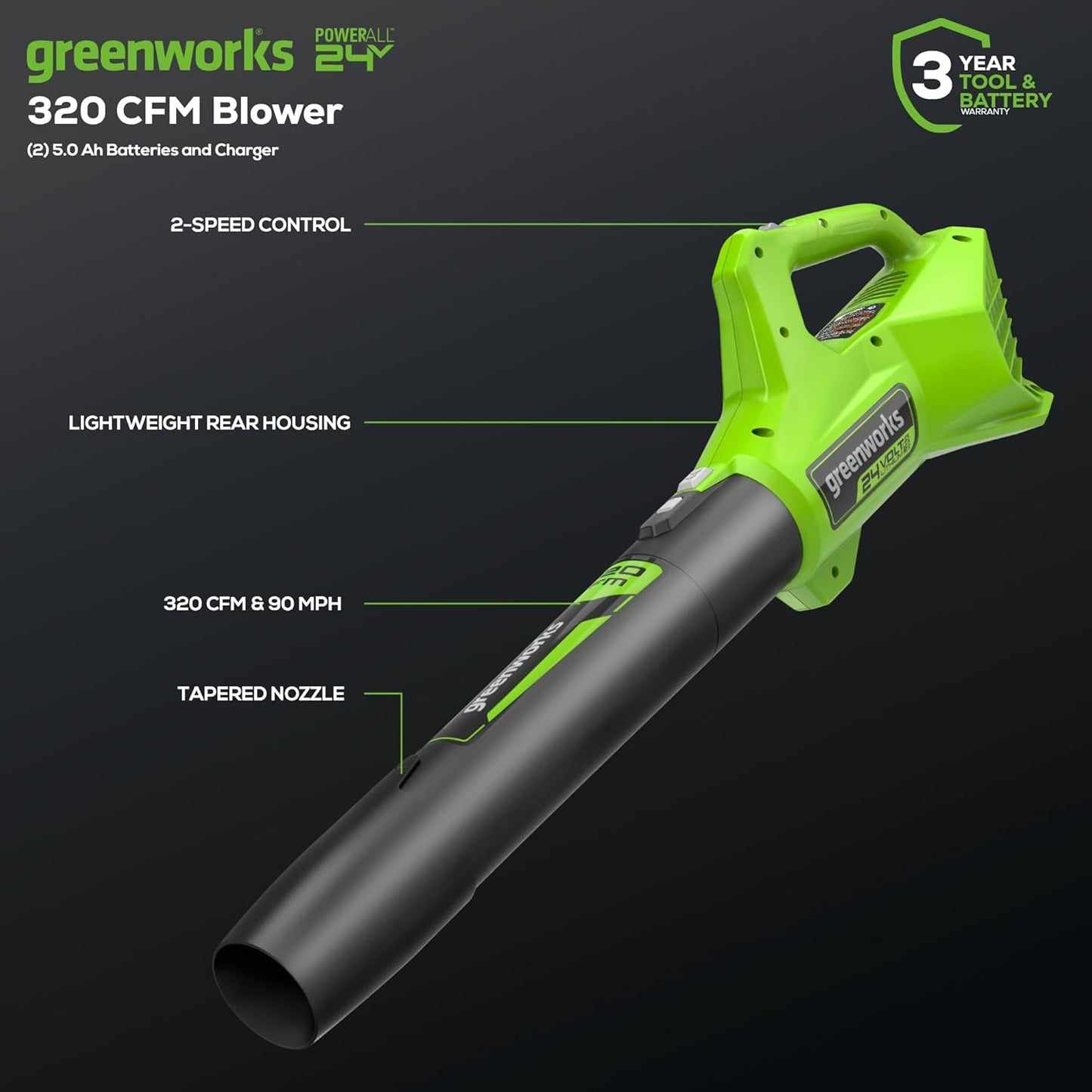 Greenworks 48V (24V x 2) 21" Brushless Self-Propelled Mower+12" String Trimmer+320CFM Blower,(2) 5.0Ah Batteries and 4A Dual Port Charger