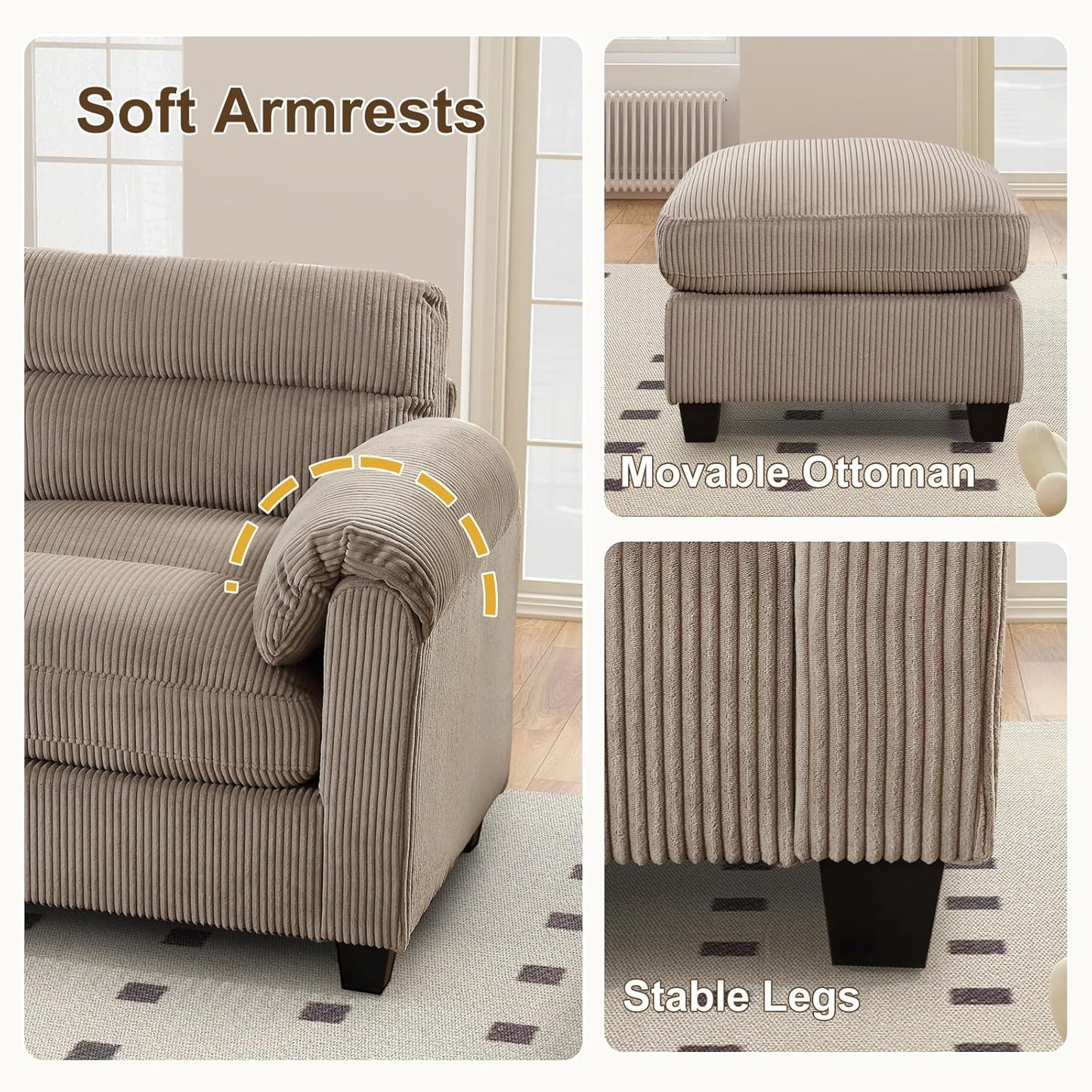 HAOMARKETS Corduroy Sofa Set,Upholstered Loveseat, and 3-Seater Couch with Plush Cushions and Rolled Arms, Modern Living Room Furniture Sets,Brown