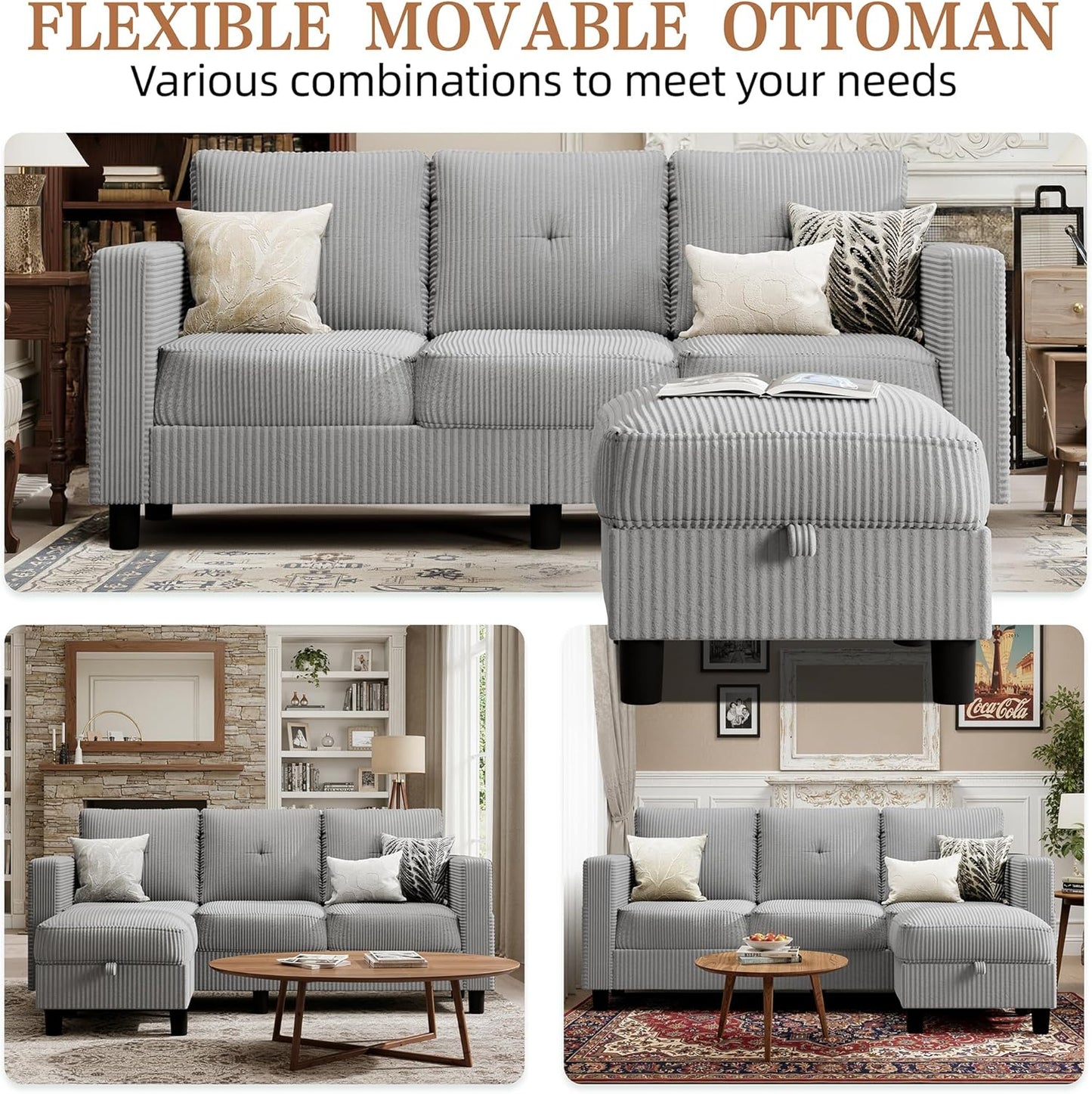Shintenchi 76" Modern Upholstered Sectional Sofa, L-Shaped Couch with Storage Ottoman and Reversible Chaise for Living Room, Off-Grey Corduroy Fabric