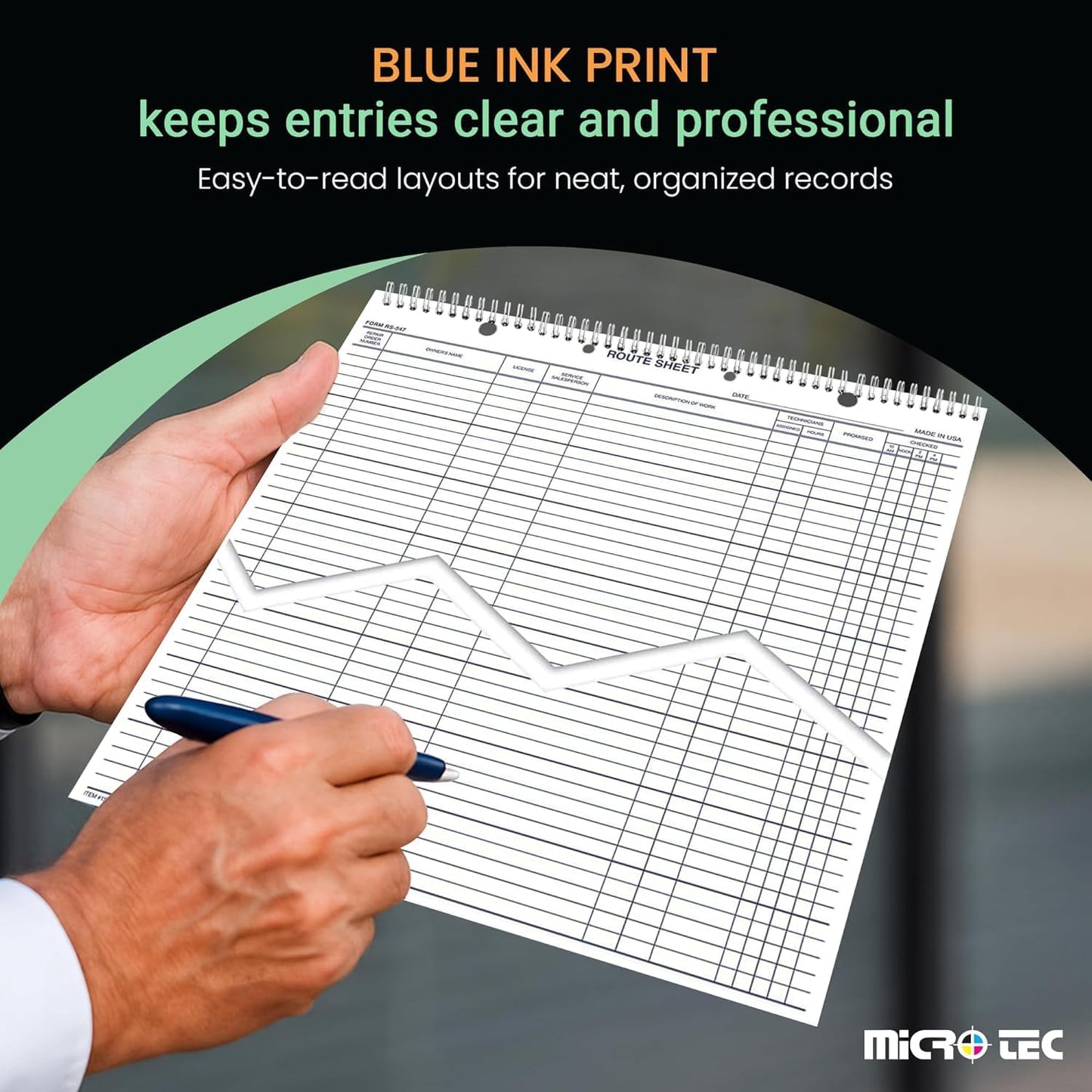 MICRO TEC Daily Service Route Sheets – 12" x 15" Daily Schedule & Appointment Sheets – Spiral Bound Route Planner on 100# Tag Stock Paper – Blue Ink Print – 100 Pages/Book (Book of 5)