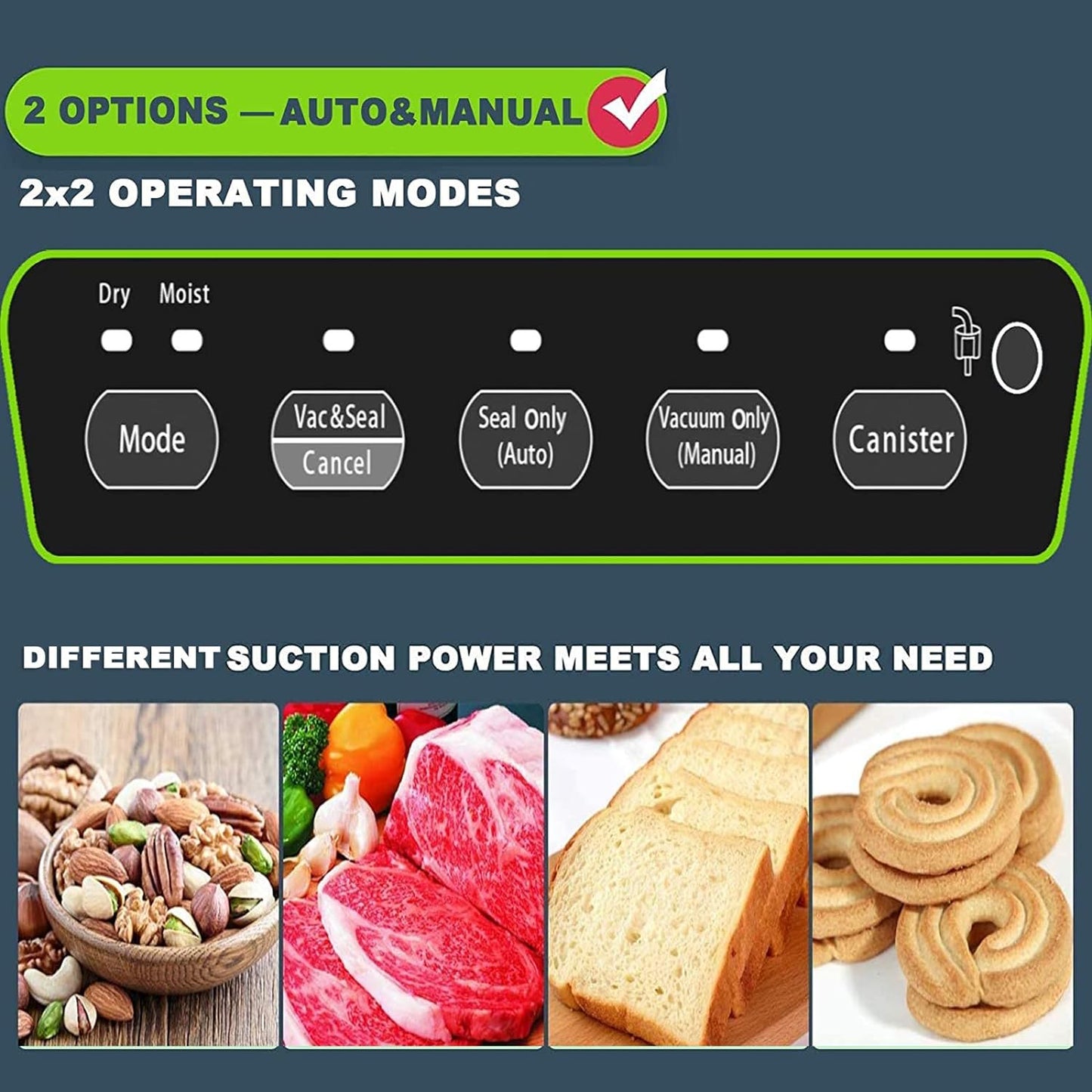 Potane Precision Vacuum Machine,Pro Food Sealer with Built-in Cutter and Bag Storage(Up to 20 Feet Length), Both Auto Manual Options,2 Modes,Includes 2 Bag Rolls 11”x16' and 8”x16',Compact Design