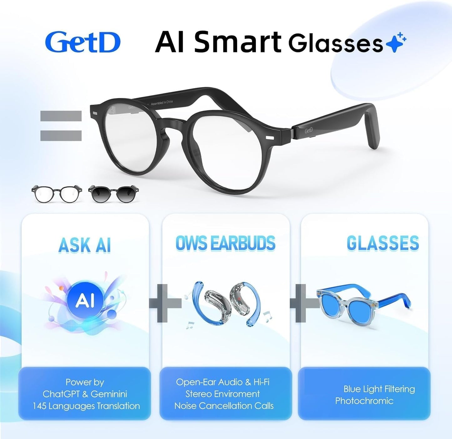 GetD 2026 AI Smart Glasses for Men Women, Translation Glasses with ChatGPT 145 Language, Photochromic Lenses, Bluetooth Glasses 11H Music Play /9H Call for Travel Daily Use