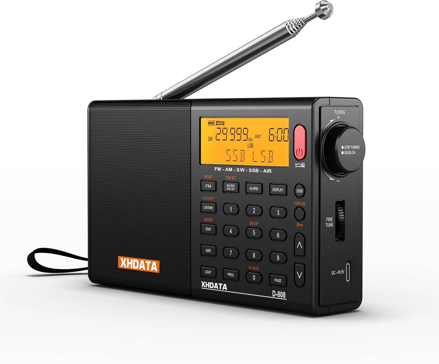 XHDATA D808 Portable AM FM SW LW Air Band Shortwave Radio SSB RDS Multi Band Digital Radio Speaker with LCD Display Alarm Clock External Antenna (Black)