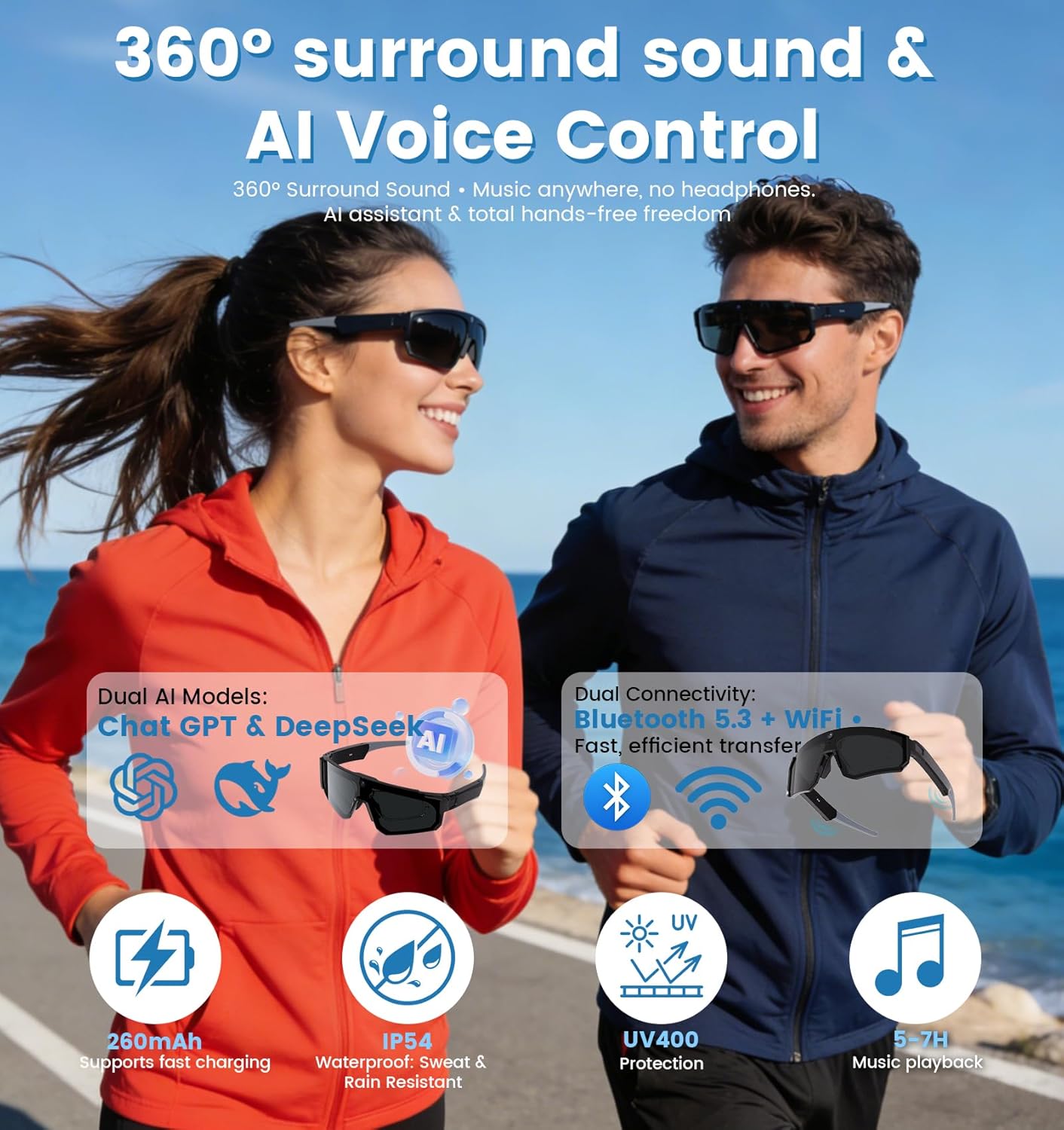 AI Smart Glasses with Camera 8MP,1200P HD Video Recording Camera Glasses for Men,Women, Polarized Sports Running Sunglasses with Bluetooth Call ,Dual Mic Noise Canceling,ChatGPT for Cycling Hiking