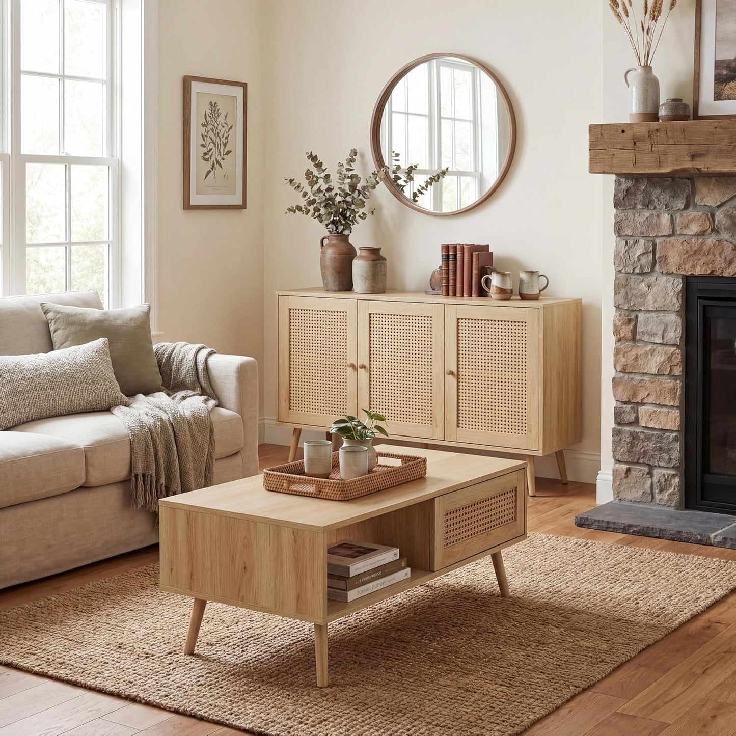 IDEALHOUSE Living Room Table Sets of 2, Includes 47" Rattan TV Stand Storage Cabinet for 55" TV, Farmhouse Coffee Table with Storage Shelf for Bedroom