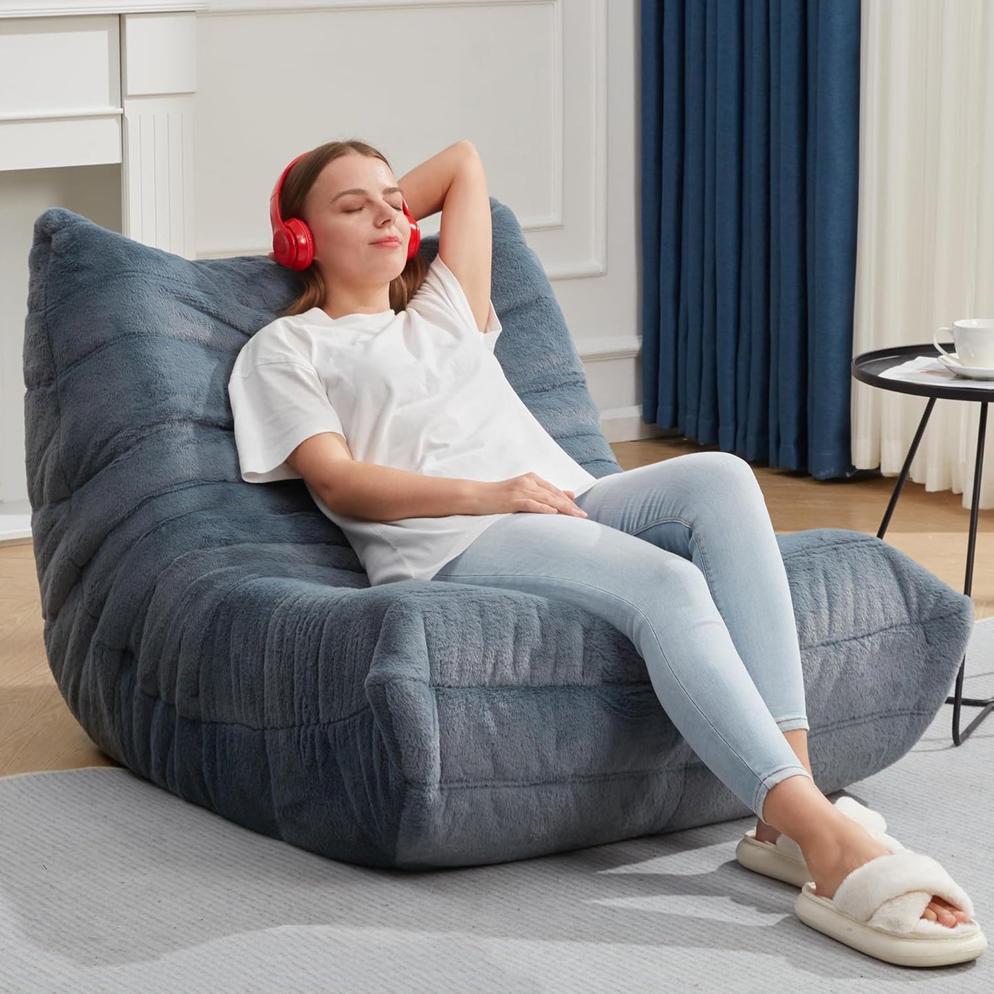 Bean Bag Chairs for Adults Giant Bean Bag Chair Memory Foam BeanBag Chair Bean Bag Sofa with Filler Faux Fur Fireside Beanbags Lazy Sofa for Living Room Bedroom Office (Bluegrey Plush, Single)