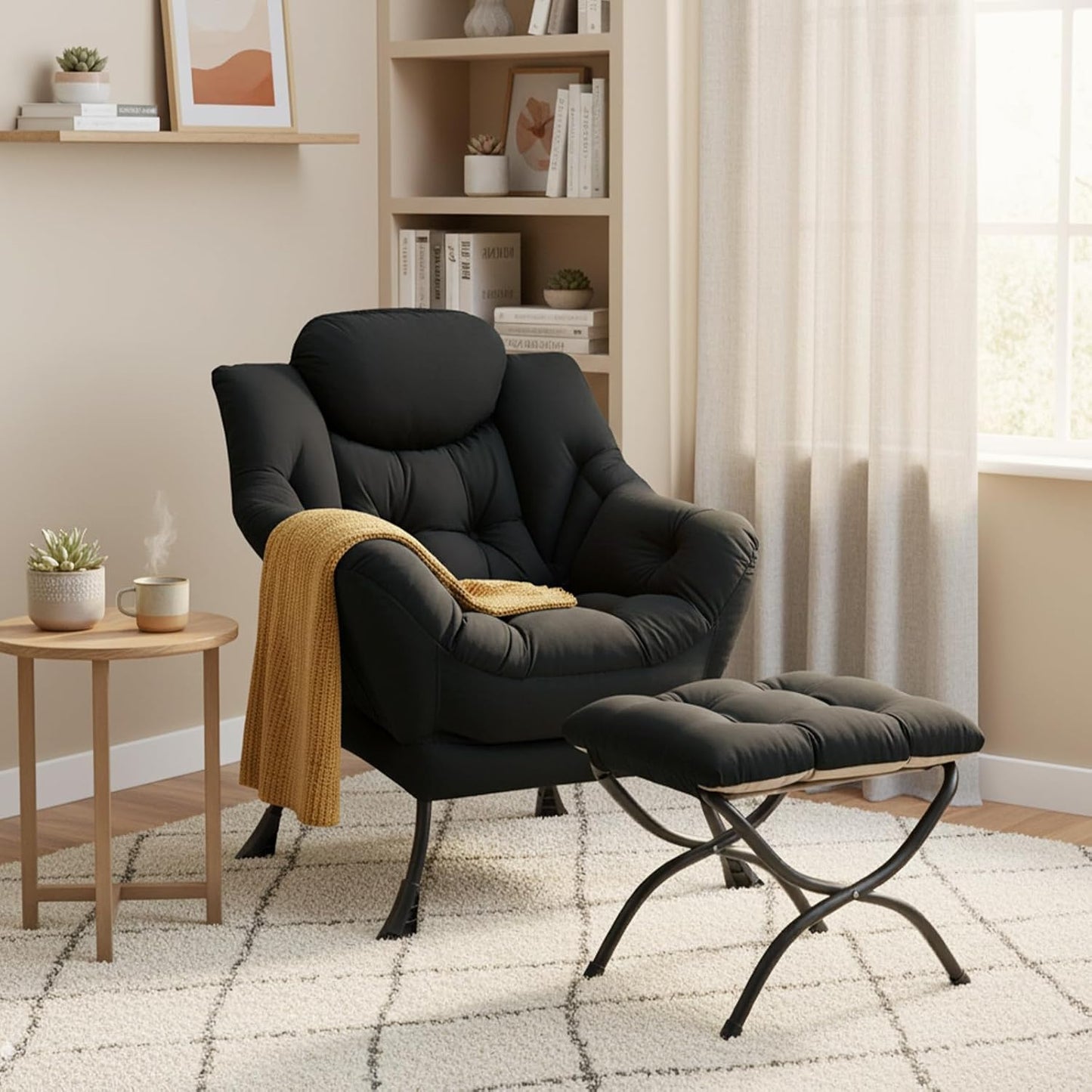 Lazy Chair with Ottoman, Modern Accent Chair Contemporary Lounge Leisure Sofa Chair with Armrests, Reading Chair and Folding Footstool Set for Living Room, Bedroom, Office, Black