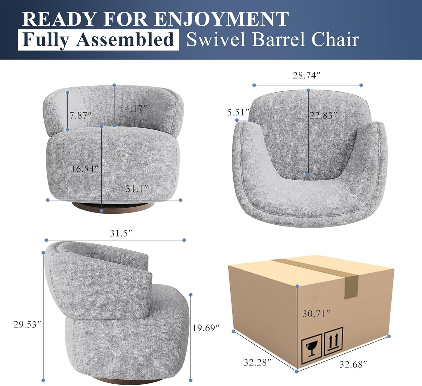 RoyalCraft Swivel Accent Chair Set of 2, Fully Assembled Round Barrel Chairs, Oversized Upholstered Armchair with 360-Degree Base, Modern Club Chair for Living Room, Bedroom, Office, Grey
