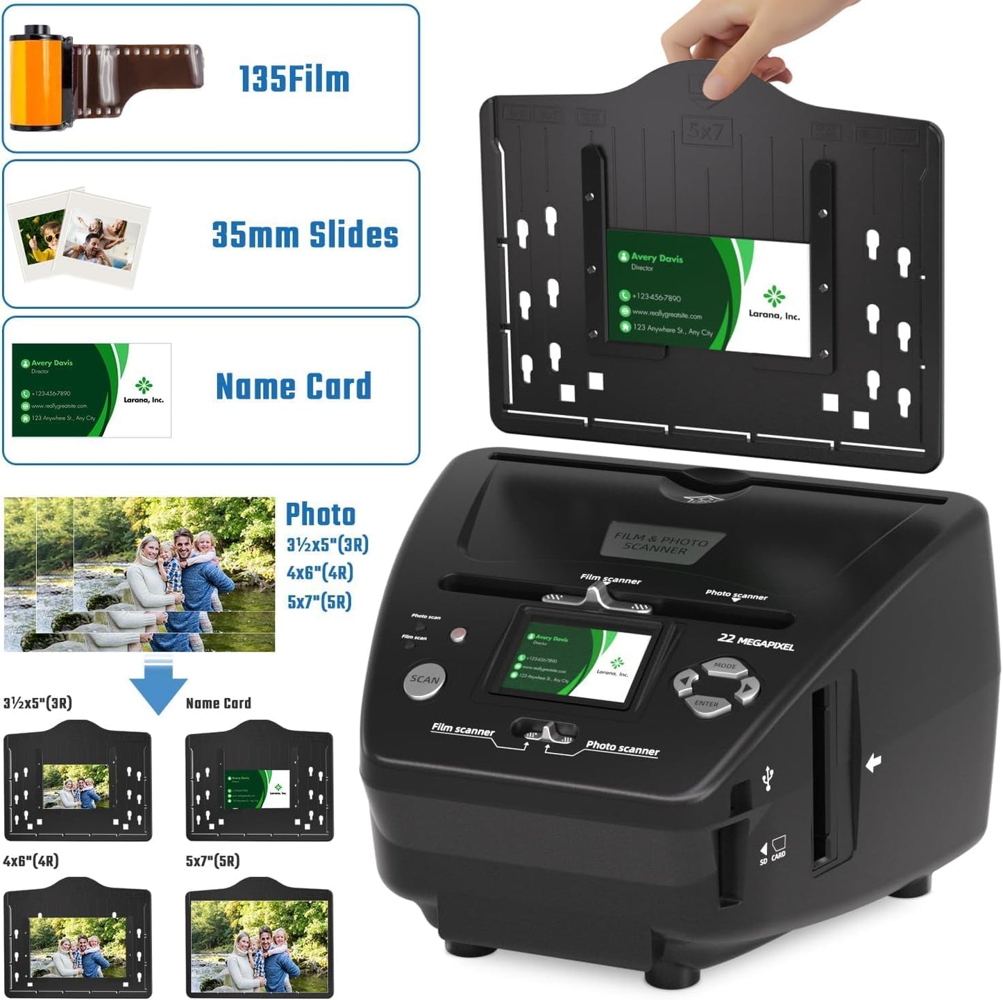 22MP Photo and Slide Scanner with 2.4” LCD Screen, All-in-One Digital Film Converter for 35mm/135 Negatives & Slides, 3R 4R 5R Print Photos and Business Cards, 4GB SD Card Included