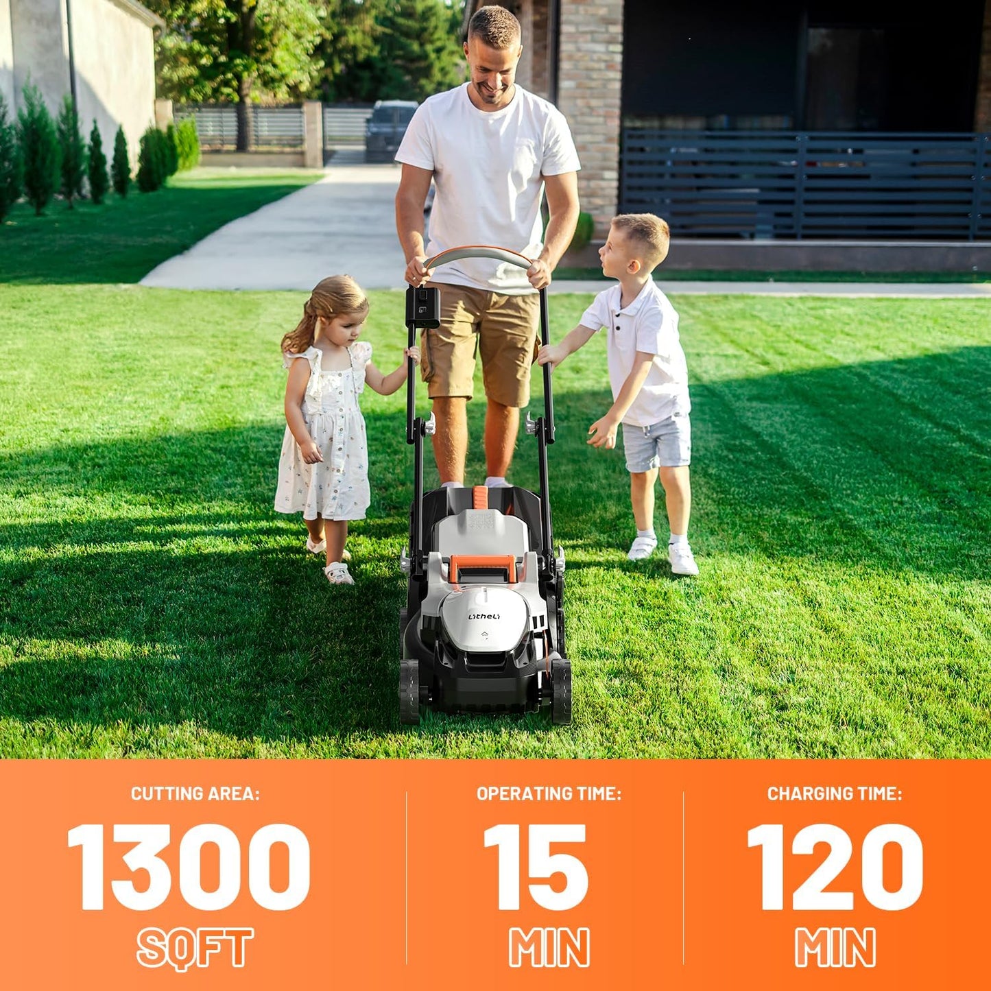 Litheli Electric Lawn Mower Cordless,Grass Cutter Machine for 1600 Sq.Ft. Lawnmower with Motor,13 in Cutting Width,8 Gallon Capacity,Cutting Height from 1 to 2.5 in（ 4.0 Battery）