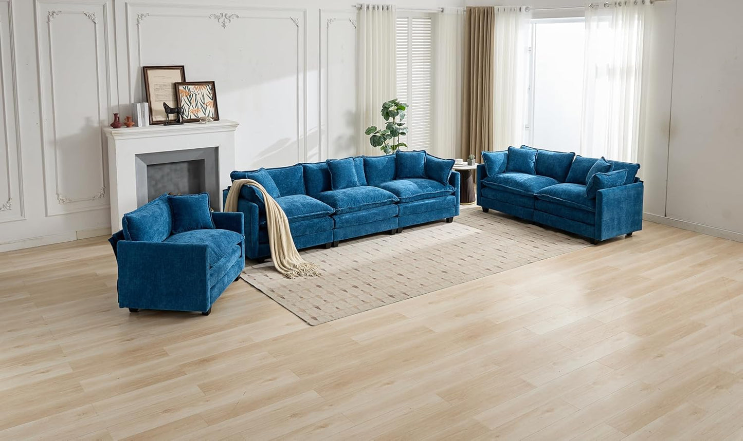 SoarFlash 113.78" Chenille Sectional Sofa, Comfy L Shaped Modular Coush Sofa with Ottoman, Modern 4 Seat Couch Deep Seat Sofa Set for Living Room,Blue