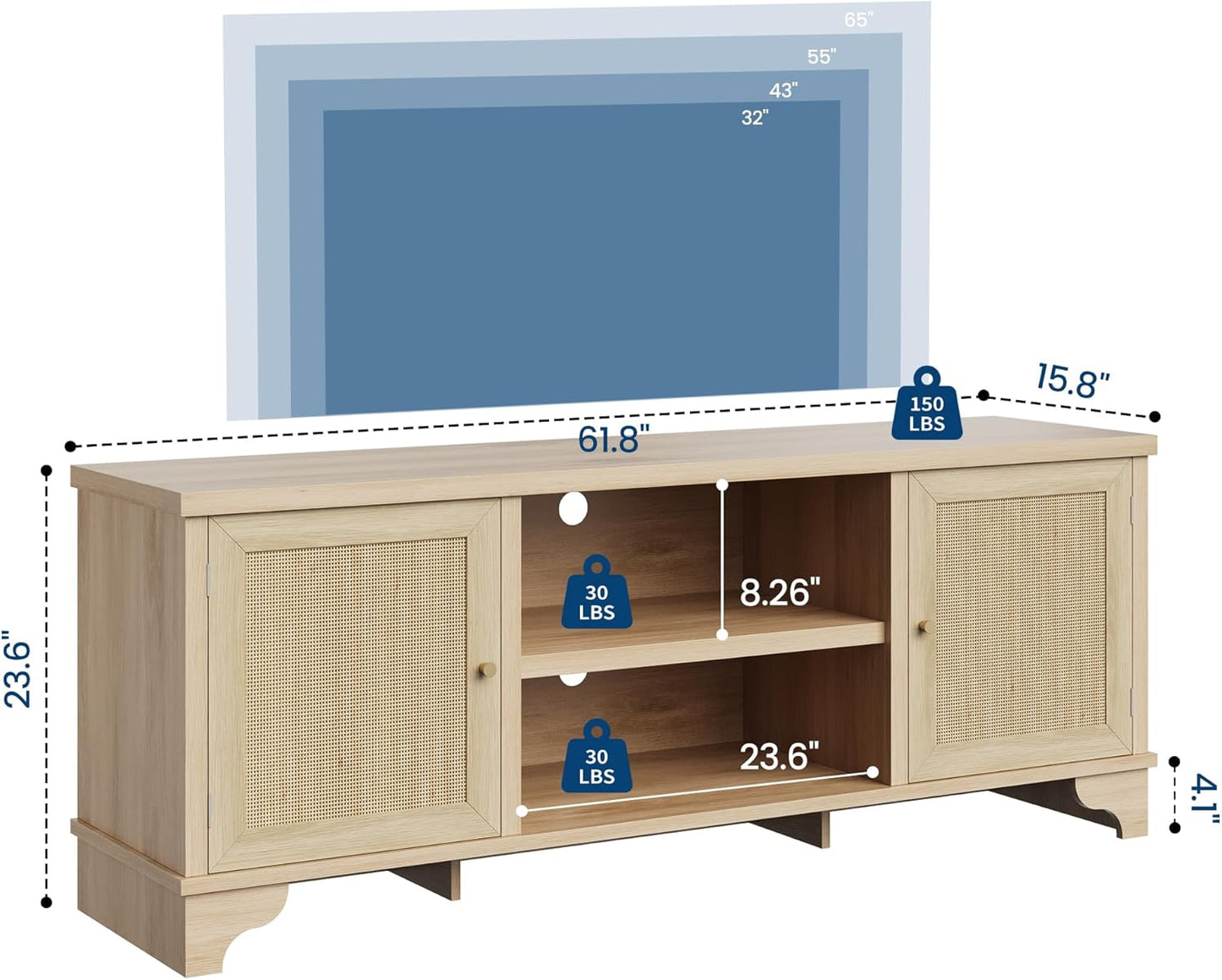 IDEALHOUSE Living Room Table Sets of 2, Includes 62" Rattan TV Stand Storage Cabinet for 65" TV, Farmhouse Coffee Table with Storage Shelf for Bedroom