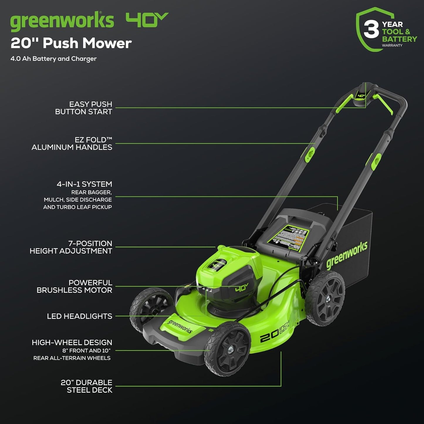 Greenworks 40V 20" Brushless Cordless Lawn Mower with 4.0Ah Battery & Charger(75+ Tool Compatibility)
