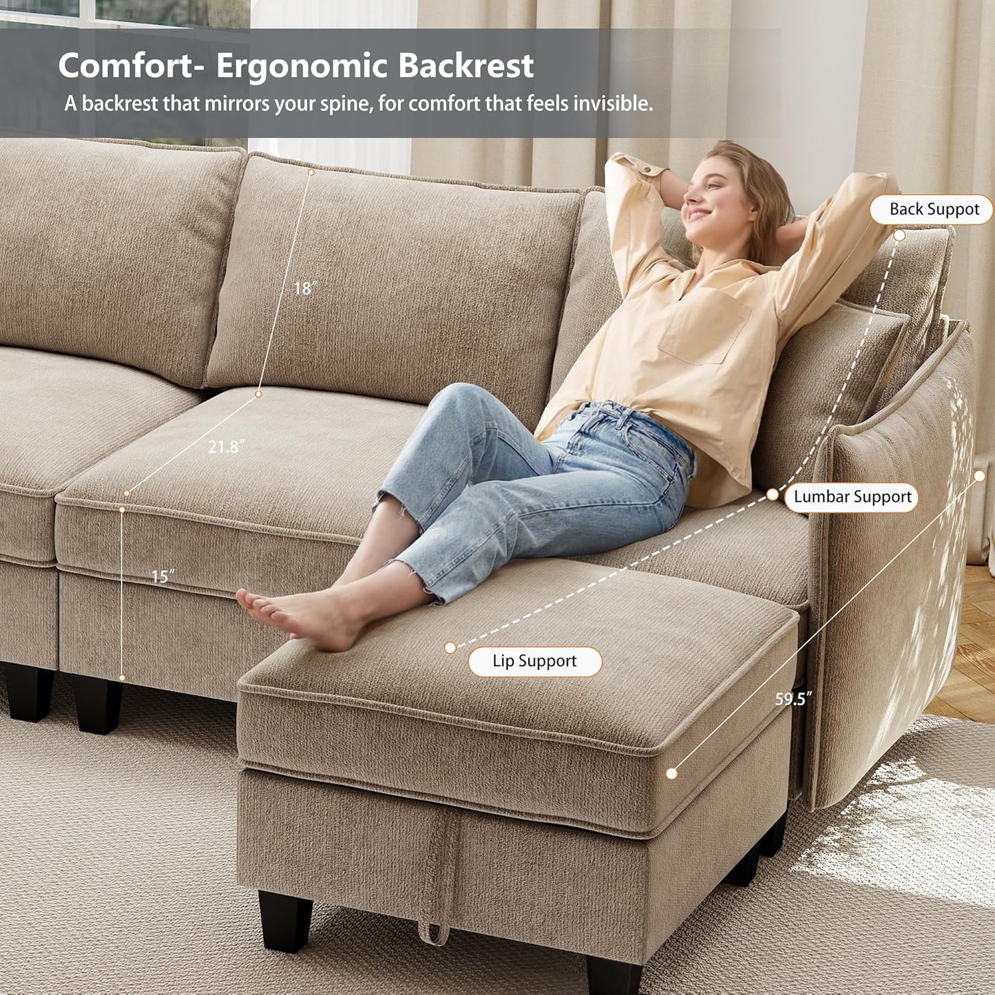 Ihanherry 112" Modular U-Shaped Sectional Sofa, Modern 6-Seat Cloud Couch with 2 Storage Ottomans, Comfy Chenille Convertible Furniture Set for Living Room, Apartment, Easy Assembly, Brown