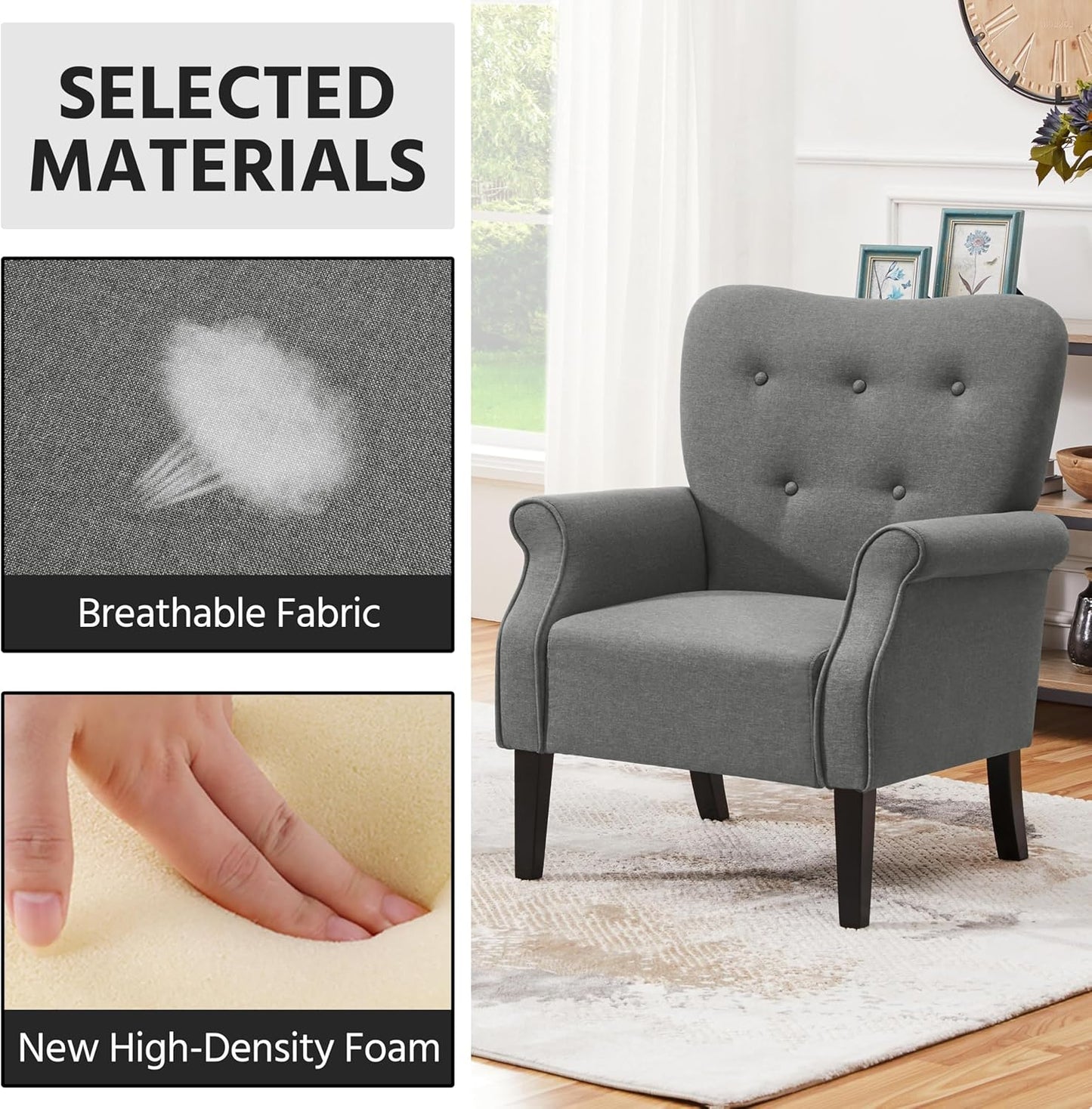 Yaheetech Modern Armchair, Mid Century Accent Chair with Sturdy Wood Legs and High Back for Small Space, Upholstered Fabric Sofa Club Chair for Living Room/Bedroom/Office, Set of 2, Dark Gray