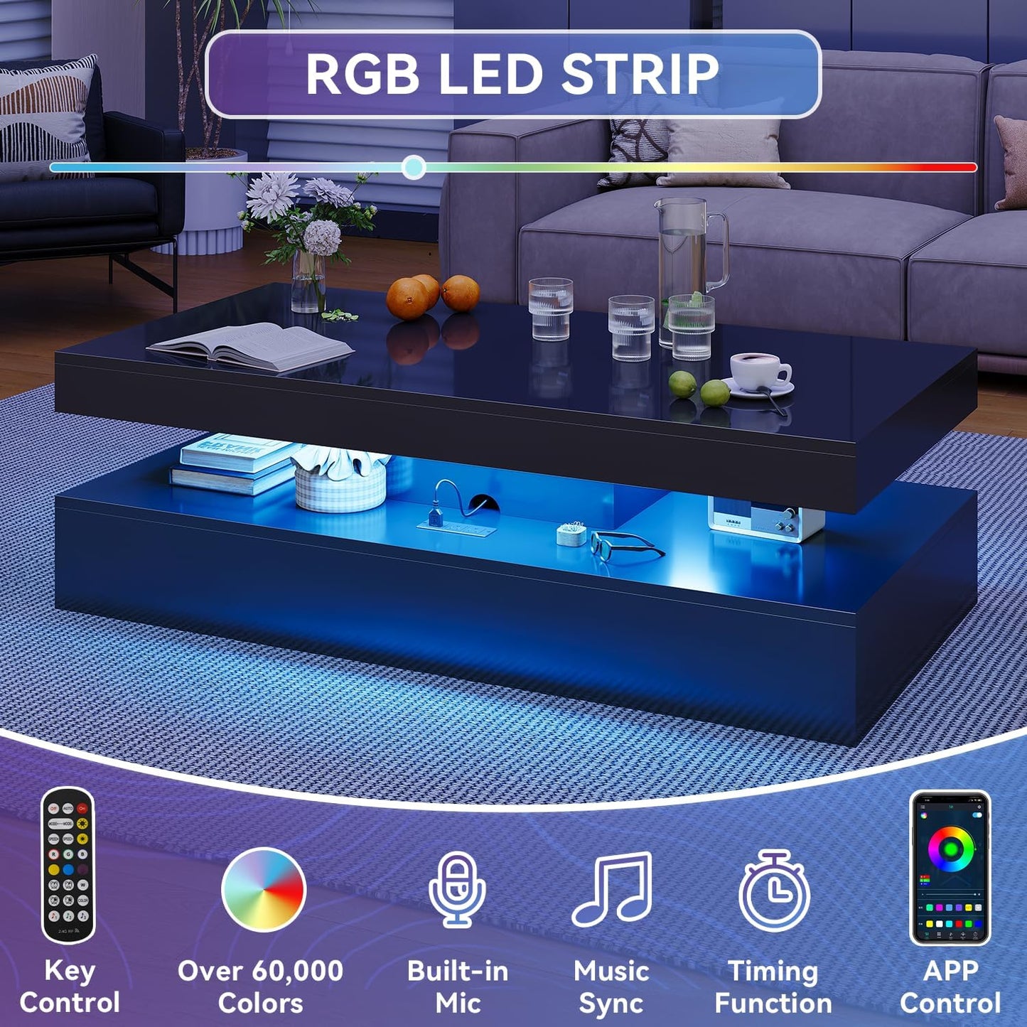 4-Piece Modern Living Room Table Set, Includes High Gloss 70" Fireplace TV Stand, 47" LED Coffee Table and 15" End Tables Set of 2 with Storage Drawers, Black