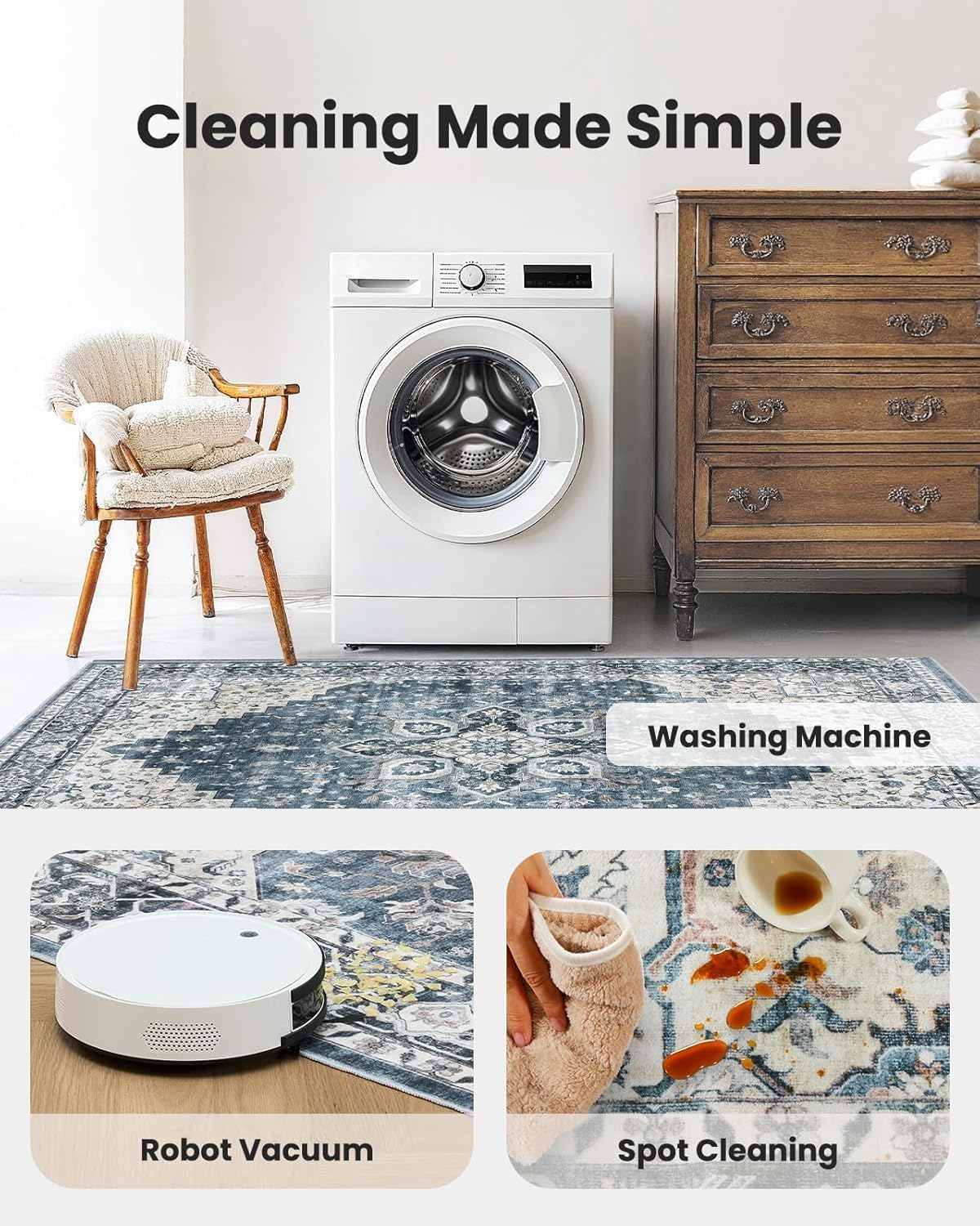AMADA HOMEFURNISHING 9x12 Washable Area Rug, Low-Profile Large Area Rug with Non-Slip Backing & Durable Edge Binding, Vintage Large Rugs for Living Room, Bedroom & Dinning Room