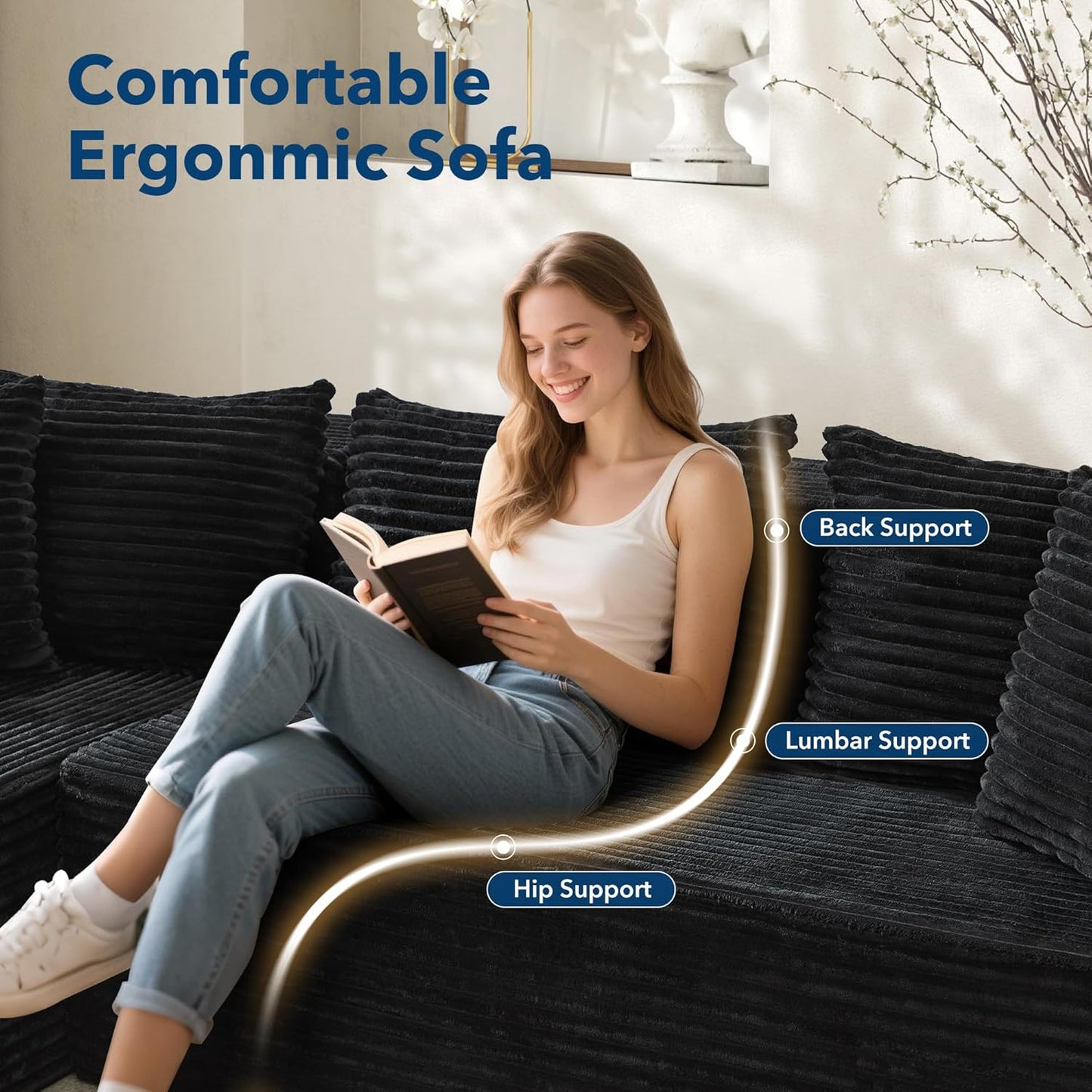 Boneless Couch, 106" Left Corduroy Cloud Couch Sectional .Vacuum Compressed Couch, L-Shaped Modular Sectional Couch with Chaise Lounge, Boneless Couch for Living Room, Comfy Compact Sofa Set