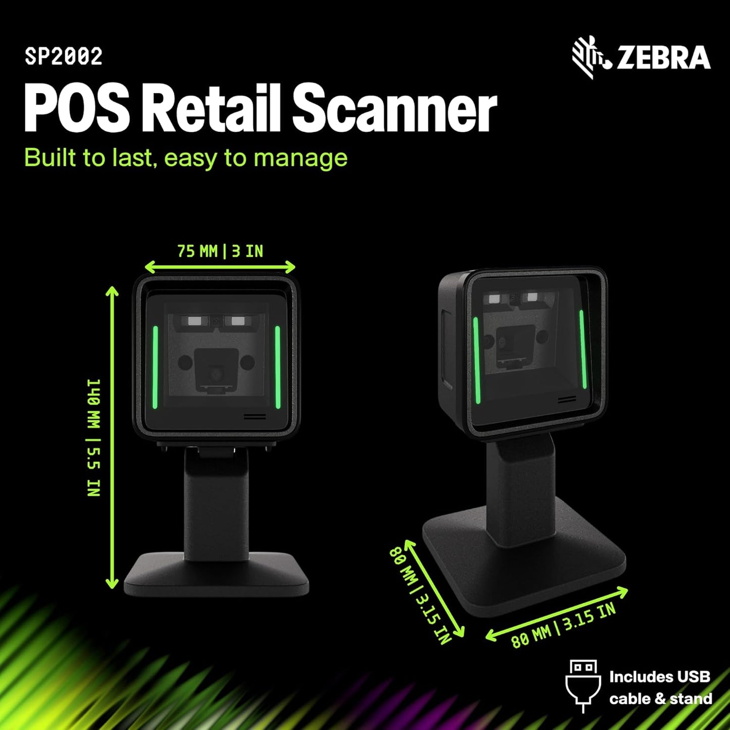 Zebra SP20 Barcode Scanner with Stand | Fast Checkout, Wide Field of View | 1D, 2D, OCR, Digimarc Countertop Scanner | 7ft USB Cable Included | Retail POS Scanning | Compact Imager | Hands-Free Design