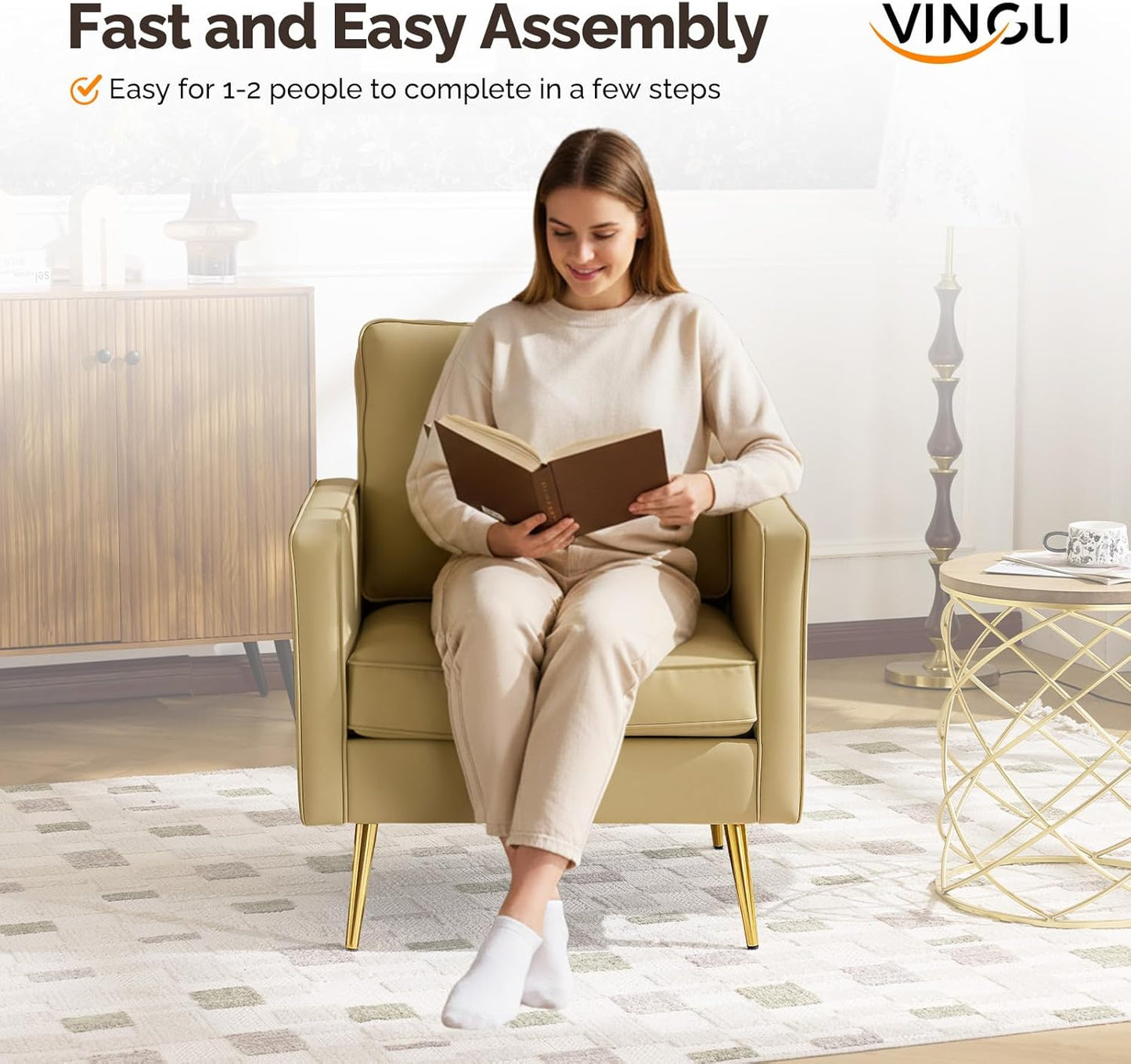 VINGLI Modern PU Leather Accent Chairs Set of 2, Single Sofa Chair with Pocket Coil Seat, Metal Backrest & Solid Wood Frame, Upholstered Armchair for Living Room, Bedroom or Office