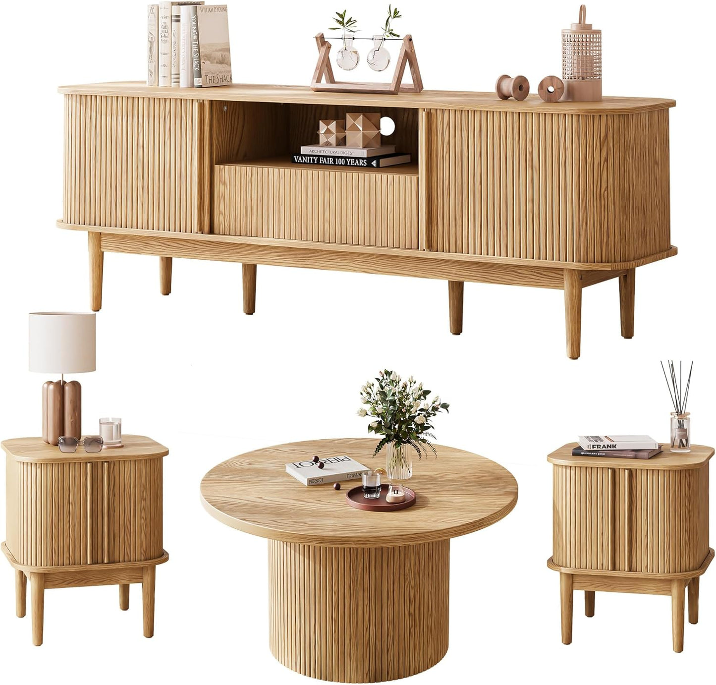 MAISONARIA Living Room Table Sets of 4, Sliding Doors End Table & TV Stand, Wood Coffee Table with Storage, Fluted TV Stand for Bedroom, Living Room (Natural)