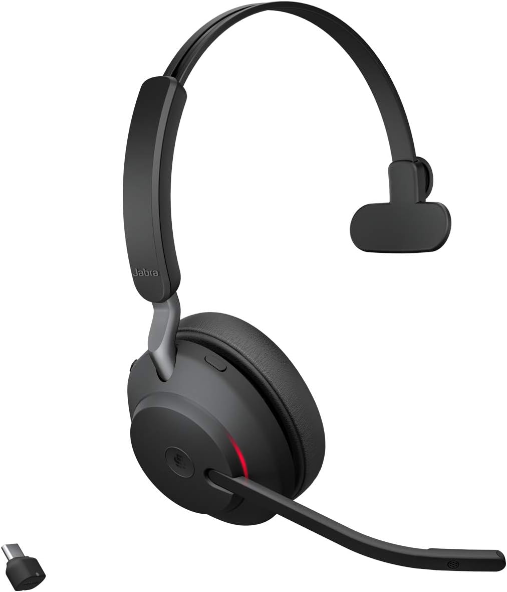 Jabra Evolve2 65 Bluetooth Wireless Headset with Mic for Calls and Music, Single-Ear Headphones with USB-C Adapter, Up to 37 Hours Battery, Works with Microsoft Teams, Black