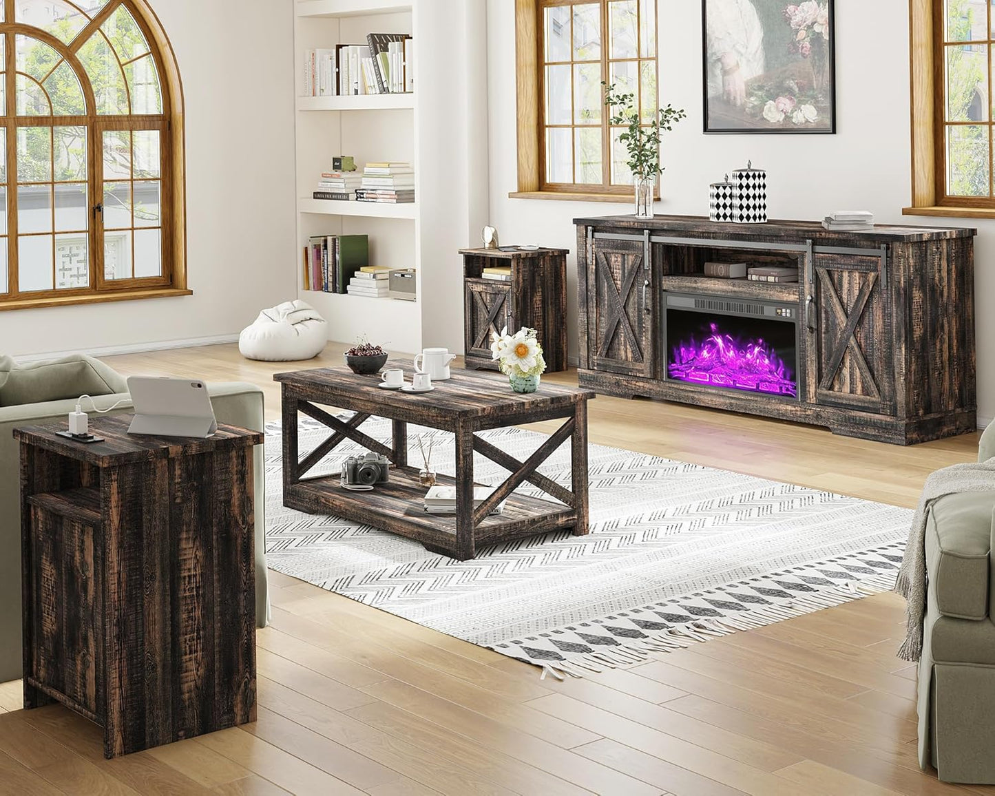 AMERLIFE 5-Piece Farmhouse Table Set Includes Fireplace TV Stand, Coffee Table& Two End Tables with Charging Station and USB Ports, for Living Room, Dark Oak, 63"