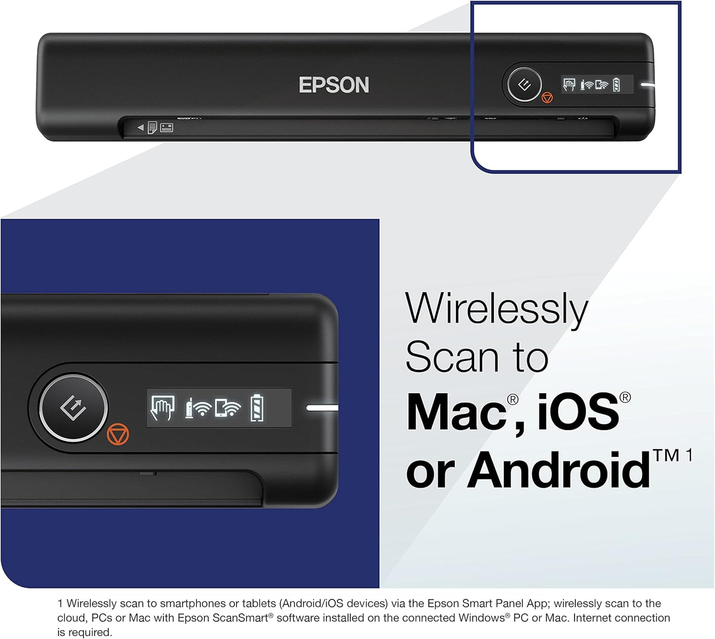 Epson Workforce ES-60W Wireless Portable Sheet-fed Document Scanner for PC and Mac 10.7" by 1.9" by 1.4"