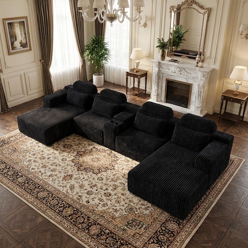KEIKI Modular Sectional Cloud Couch for Living Room - 143" 6 Seater Convertible Velvet Couches Set with Ottoman, No Assembly Compression Sofa, Comfortable Sofa with Chaise Lounge & Cup Holders, Black
