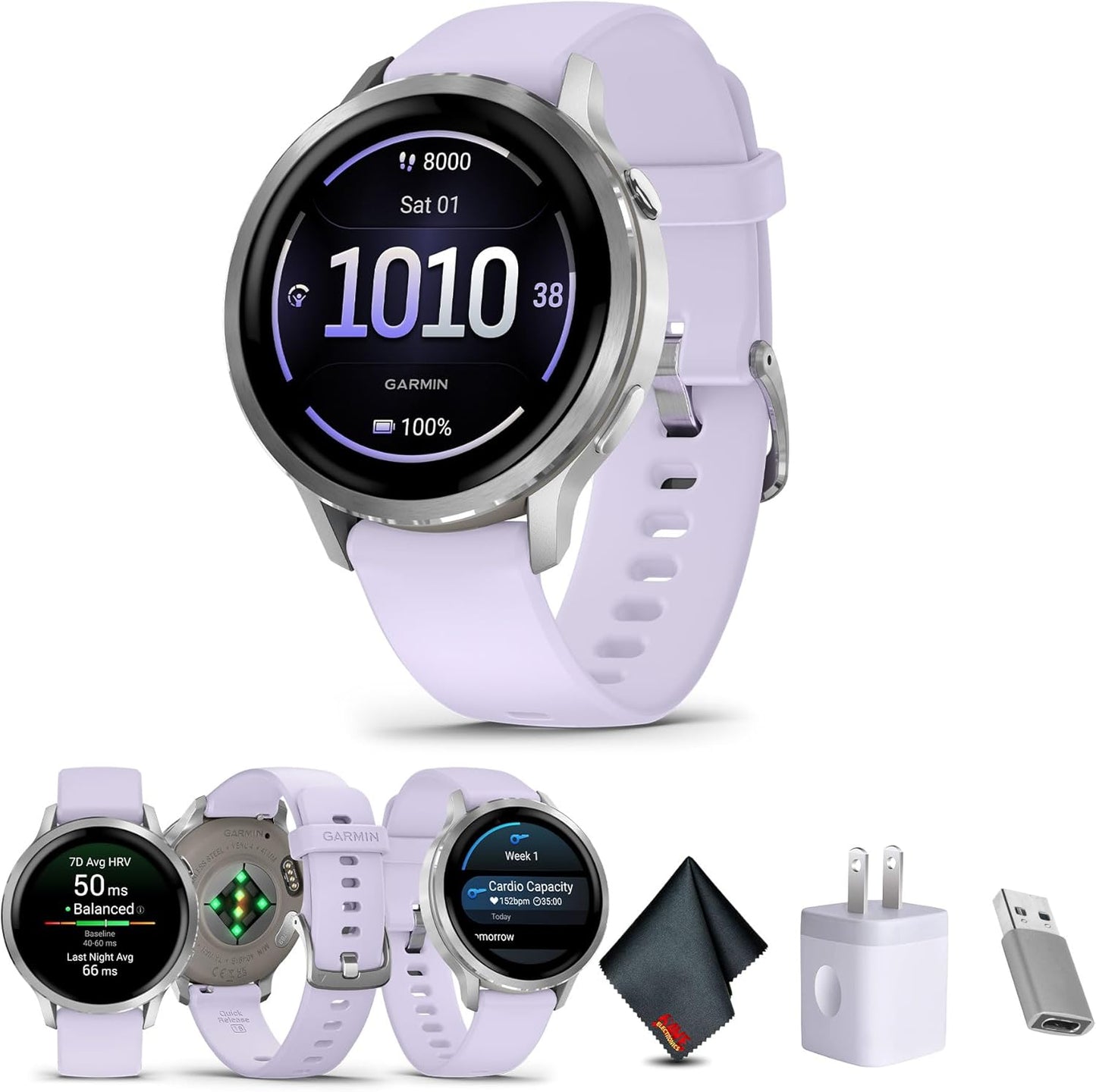 Garmin Venu 4, 41mm, Advanced Fitness Tracker GPS Smartwatch, 1.2" AMOLED Display, Built-in Flashlight, 10 Days of Battery Life, Silver with Periwinkle Silicone Band (Watch Bundle)