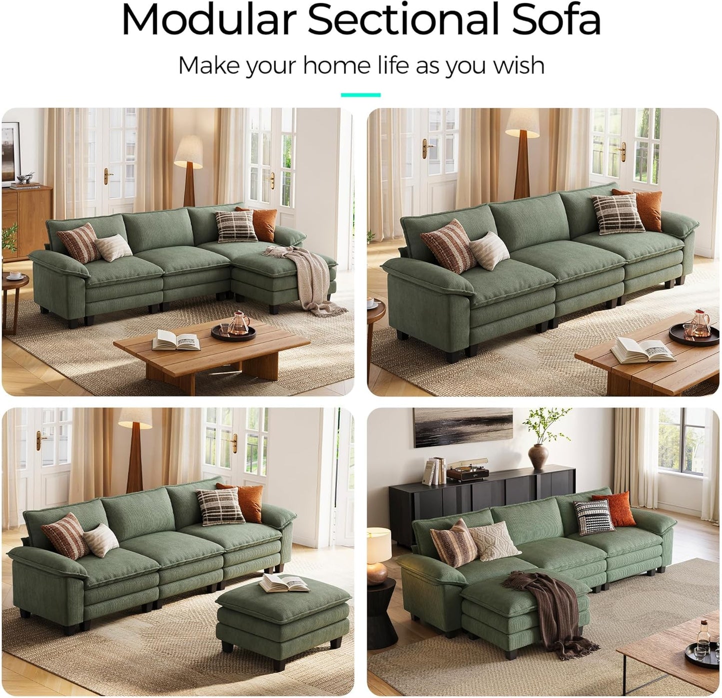 LINSY HOME 123" Modular L-Shaped Sectional Sofa, 3-Seat Corduroy Modern Cloud Couch with Deep Seat & 1 Movable Ottoman, Perfect for Living Room, Office, Bedroom, Green