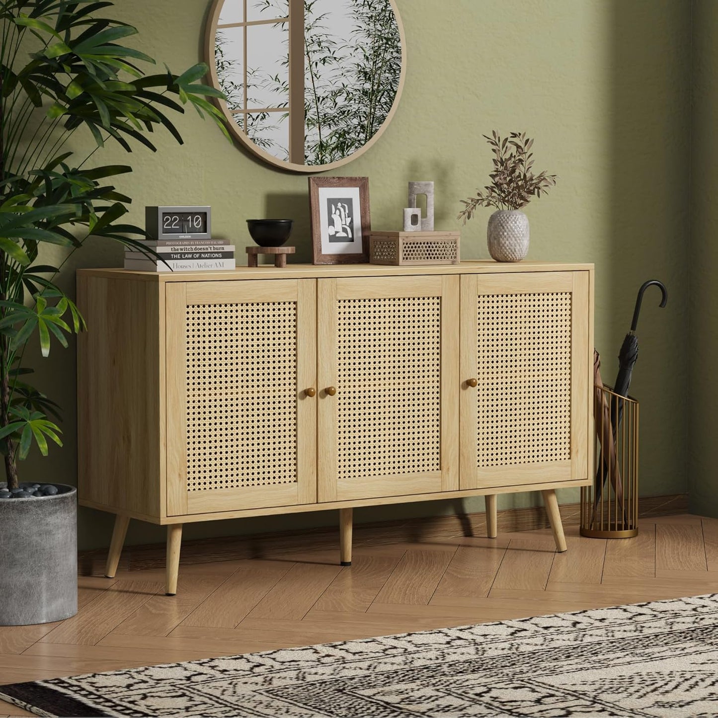 IDEALHOUSE Living Room Table Sets of 2, Includes 47" Rattan TV Stand Storage Cabinet for 55" TV, Farmhouse Coffee Table with Storage Shelf for Bedroom