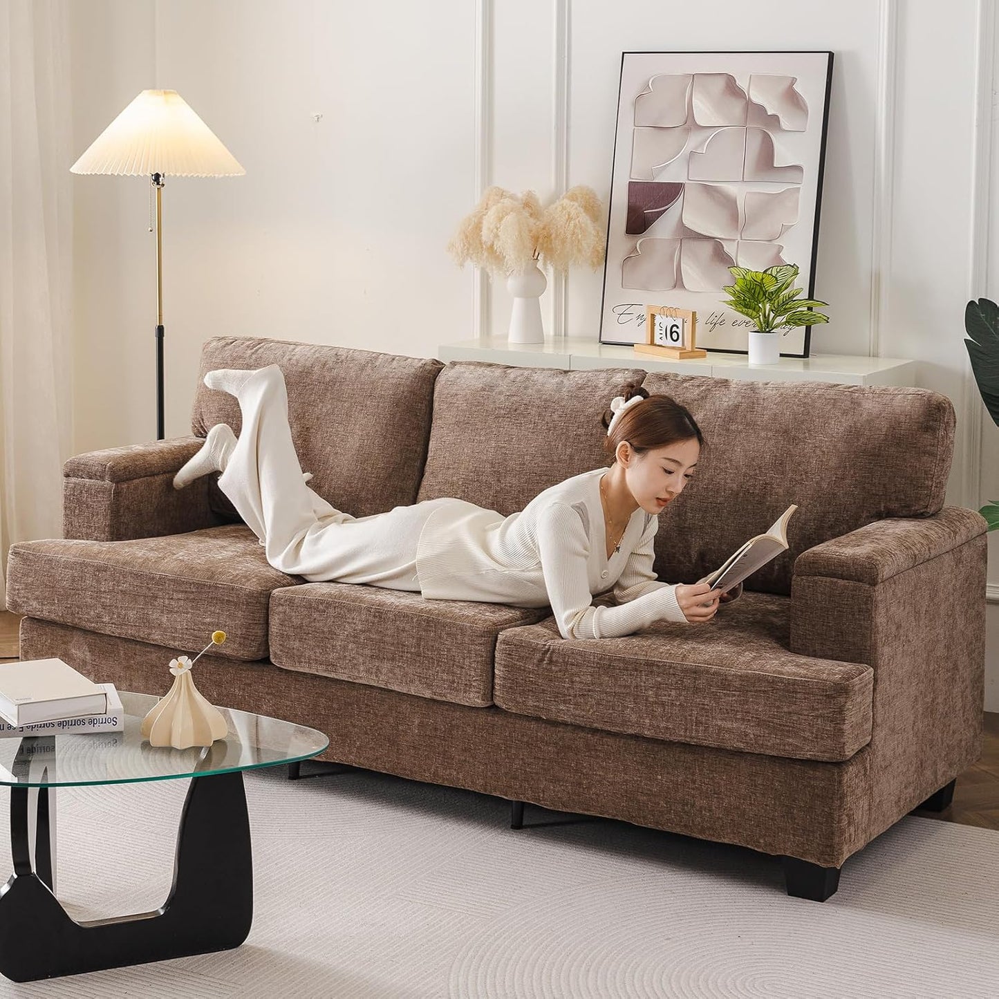 85'' L Shaped Couch with Armrest Organizer,Comfy 3 Seats Sofa with Thick Cushion,Chenille Sectional Couches for Living Room,Bedroom,Apartment,Sofa Set with Oversized Chair,Home Furniture,Brown