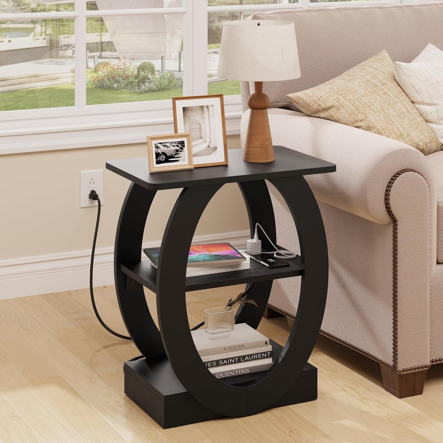 End Table Set of 2 with Charging Station, Black Side Table with USB Ports and Outlets for Living Room, Wood Nightstand with Large Storage Shelf for Bedroom Sofa Couch, Bedside Table Night Stands