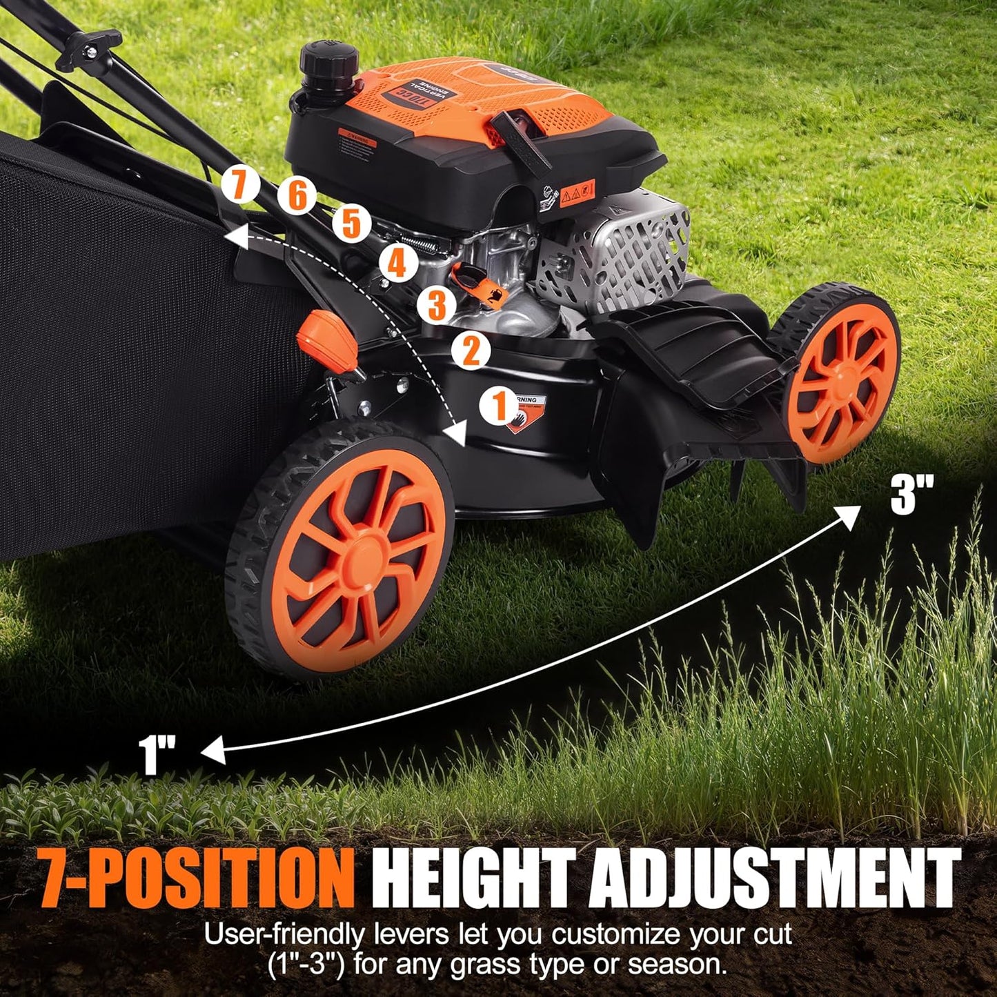21" Self-Propelled Gas Lawn Mower – 170CC 4-Stroke Engine, 7 Cutting Heights, 3-in-1 Mulch/Bag/Discharge, 1.9-Bushel Large Grass Collector, EPA Compliant