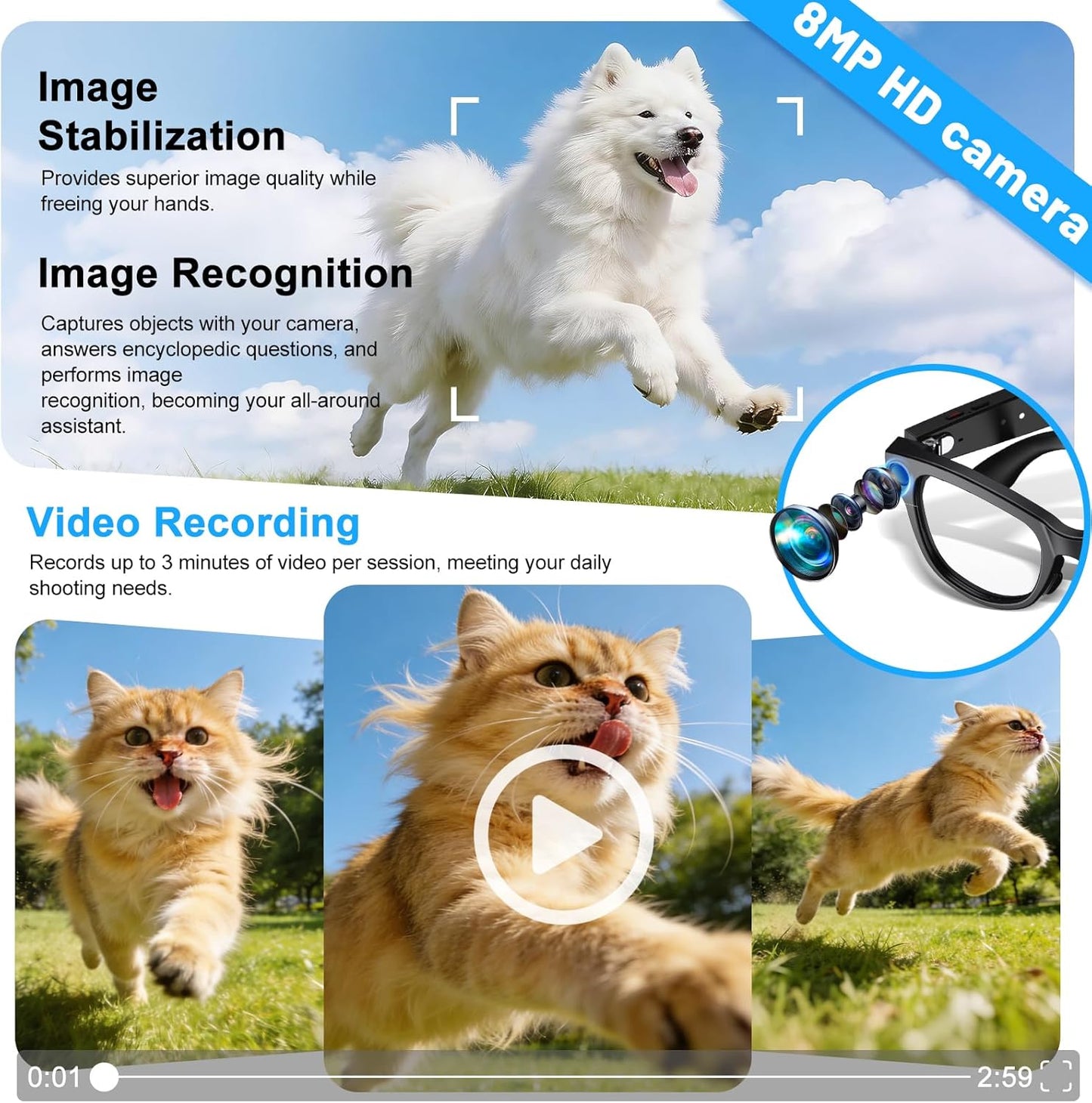 Smart Glasses with Camera with 3600mAh Charging Case, 8MP HD Video Recording with Anti-Shake POV Camera, AI Voice Assistant, Photochromic Glasses with AI Translation for Travel Vlog Business