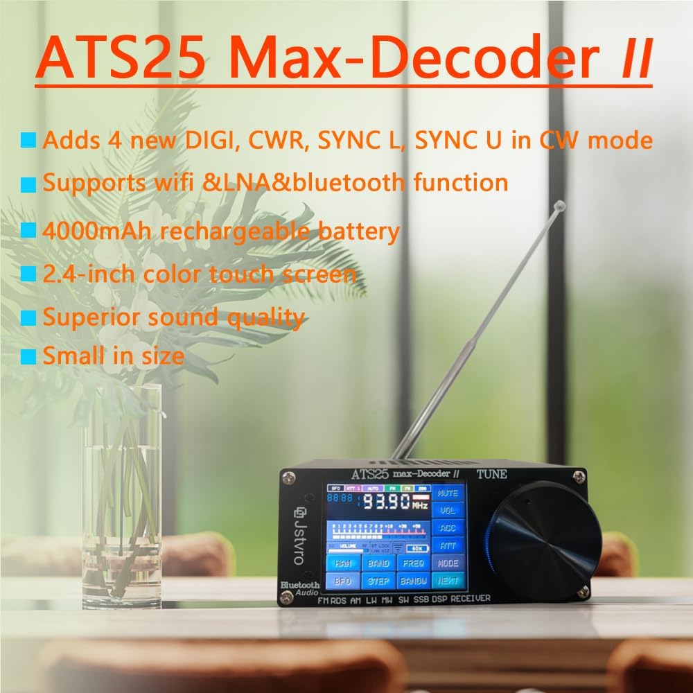 Upgraded SI4732 ATS25 Max-Decoder II Shortwave Radio Receiver, adds Four New Modes CW, RTty Decoding, WiFi, BT and Four Audio Spectrum, HI-Z, Supports AM FM RDS LW MW SW SSB DSP