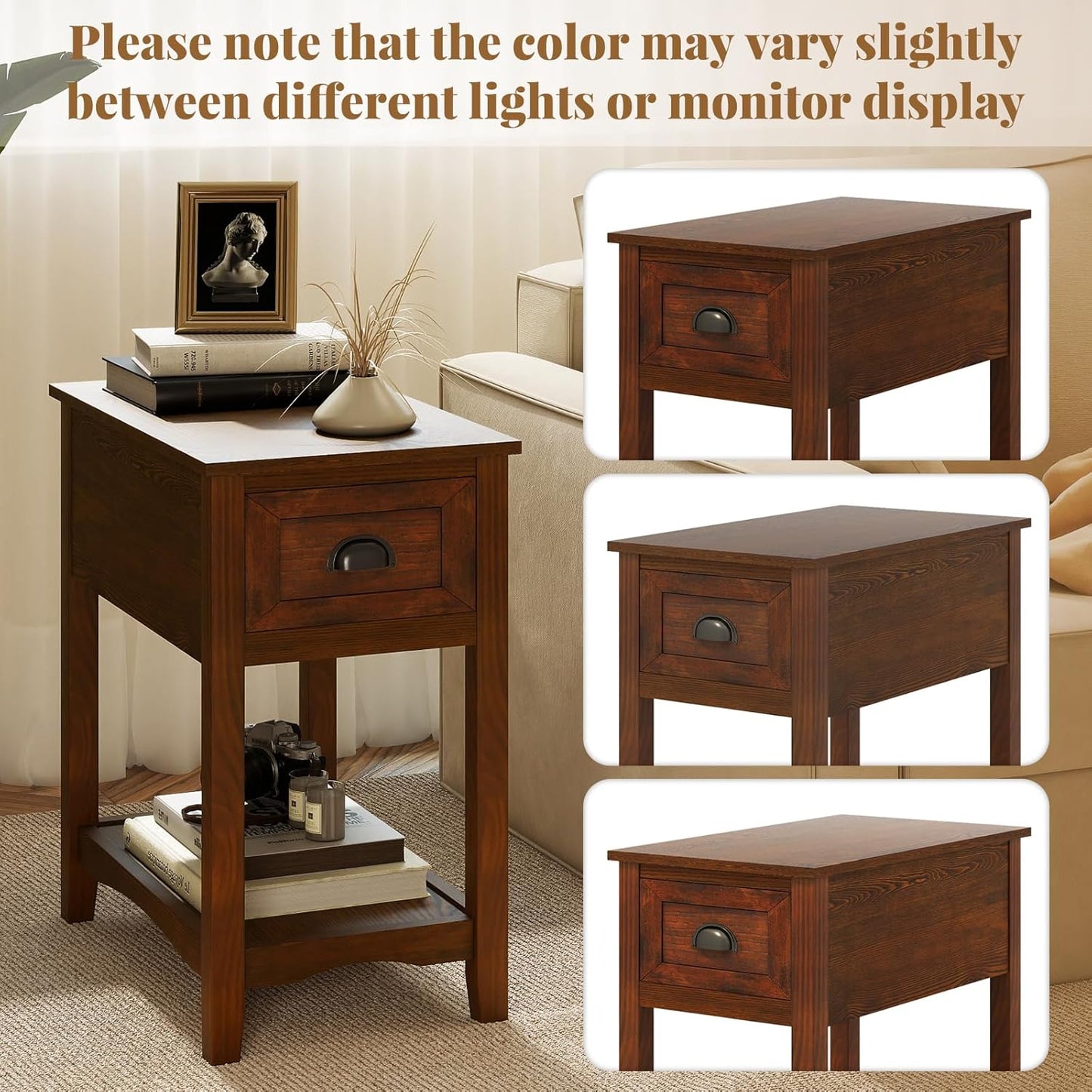 Giantex End Table with Drawer Set of 2, Retro Narrow Side Table, Nightstand with Solid Wood & Storage Shelf, Bedside Table for Living Room Bedroom Small Space Home Office (2, Walnut)