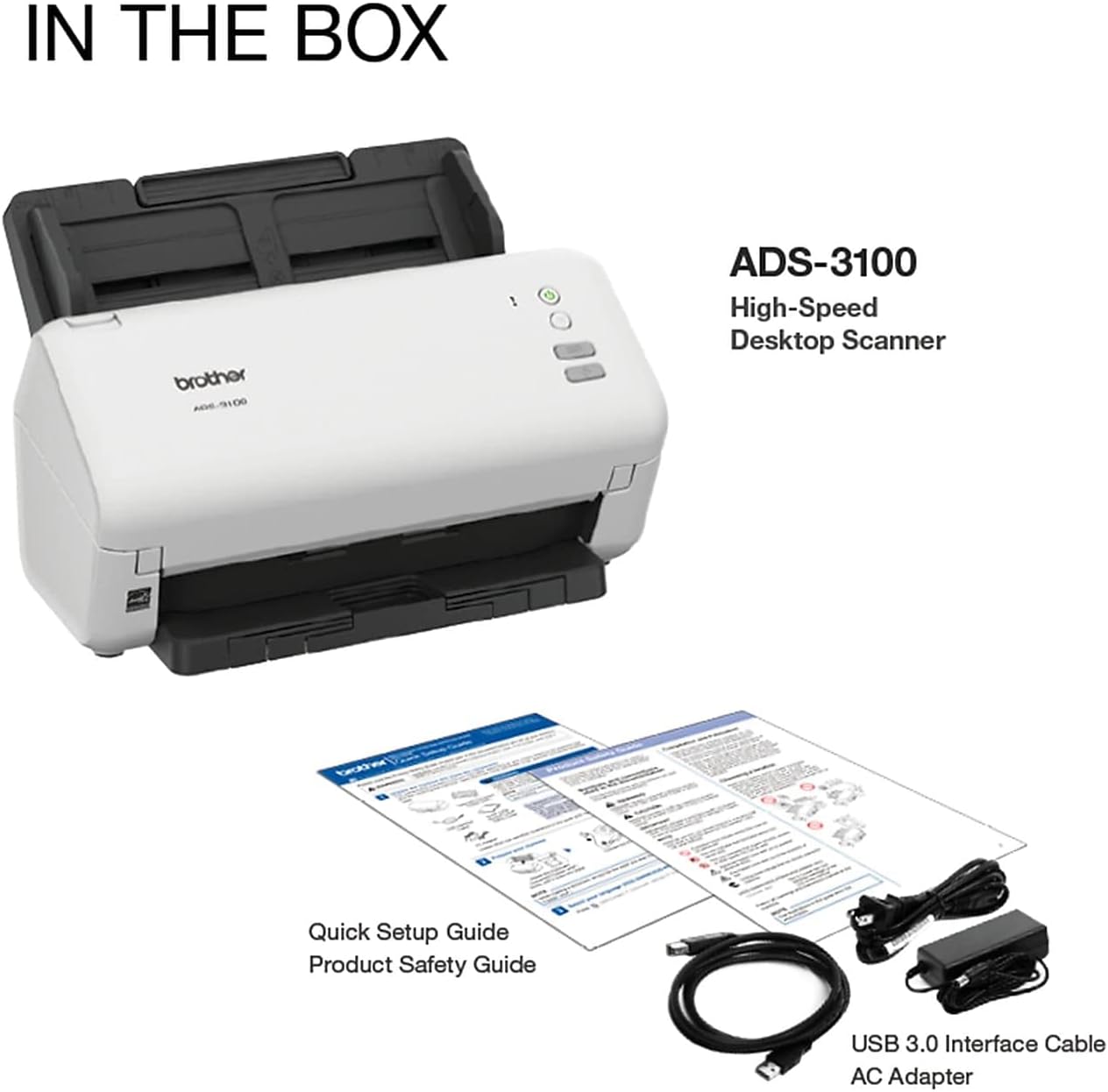 Brother ADS-3100 High-Speed Desktop Scanner | Compact with Scan Speeds of Up to 40ppm, White