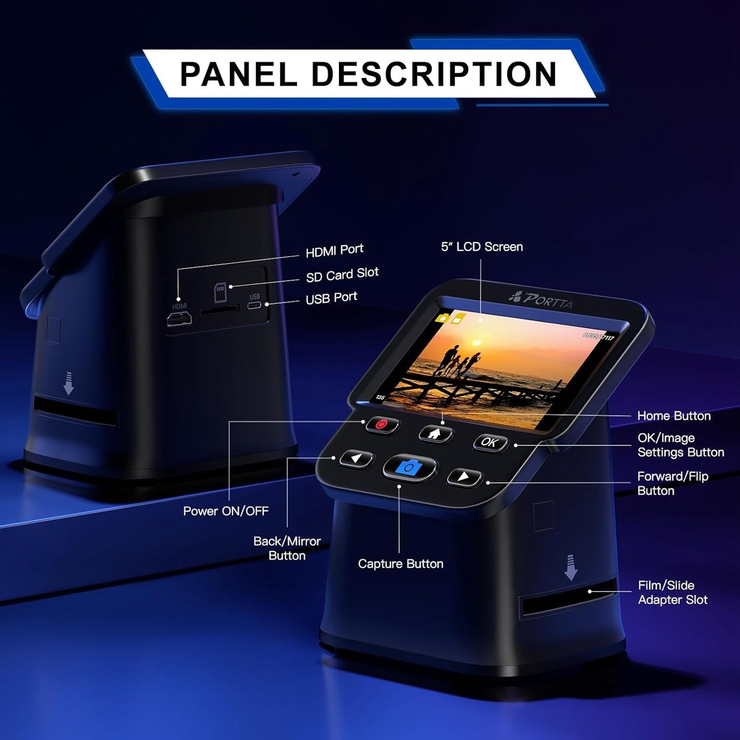 PORTTA Film Scanner with 5" LCD Screen, 22MP Slide & Negative Scanner, Converts 135, 126, 110 Film & Slides to Digital Photos, HDMI Output, SD Card Storage, No Computer Required