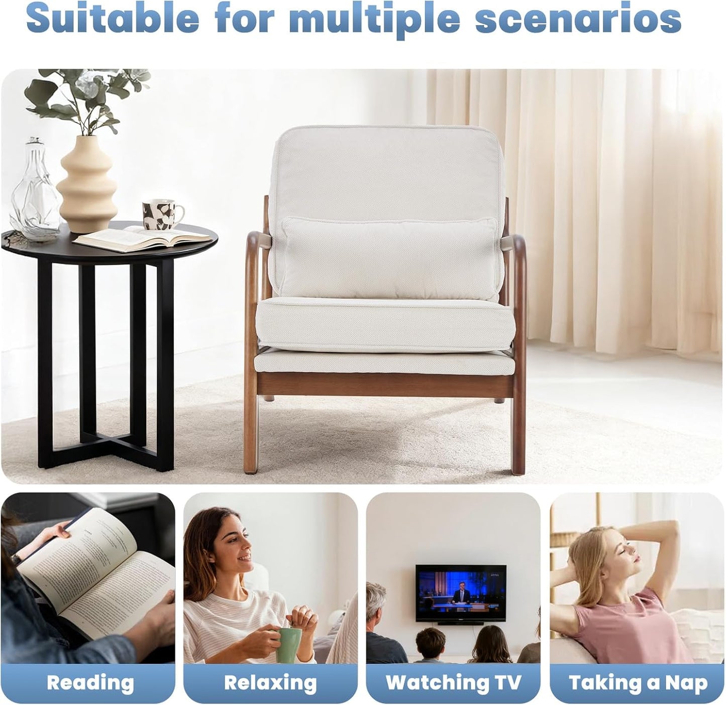 DUMOS Accent Chairs Set of 2,Mid Century Modern Chair with Arms and Waist Cushion, Reading Chairs for Adults, Lounge Chair for Living Room and Bedroom, Solid Wooden Frame, Cream