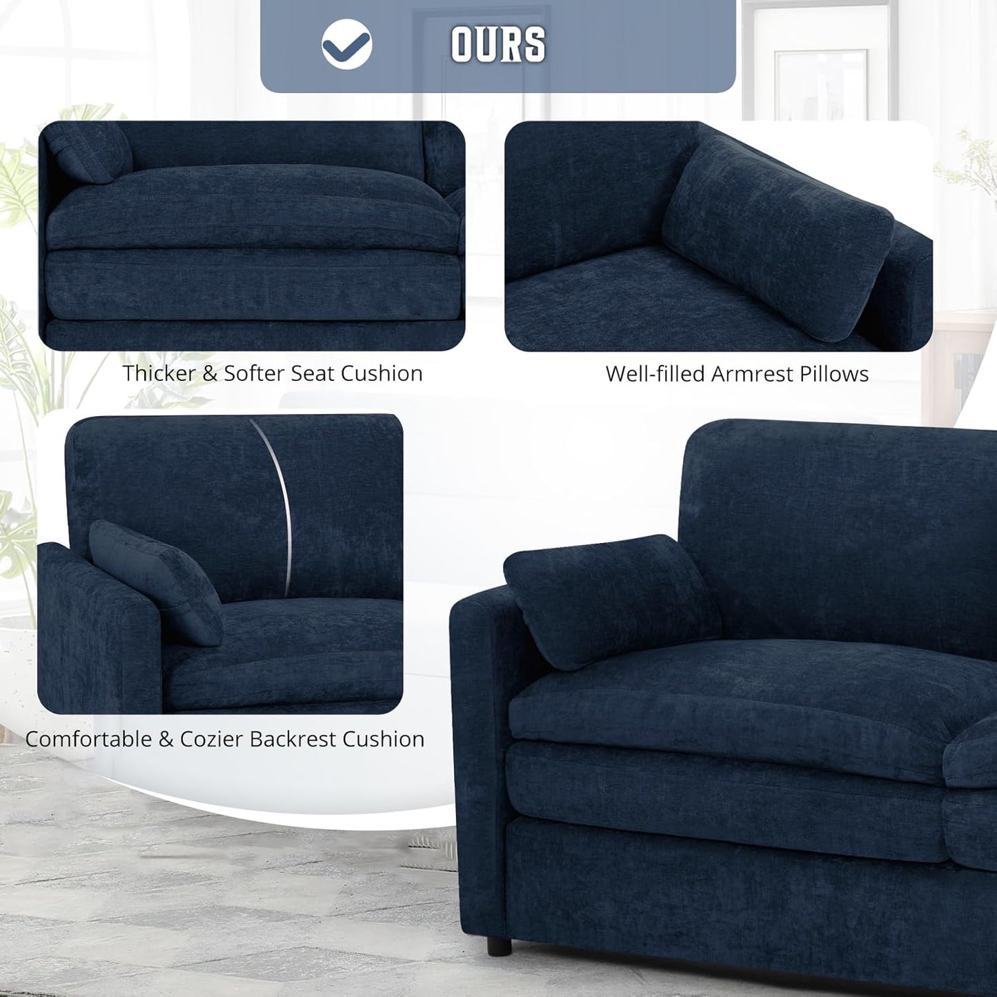 Classic Chenille Sofa Set with 2 Extra Armrest Pillows, Loveseat and 3-Seat Sofa with Upholstered Seat & Backrests, 2 Pieces Sectional Couch with Thickened Cushions for Living Room, Blue