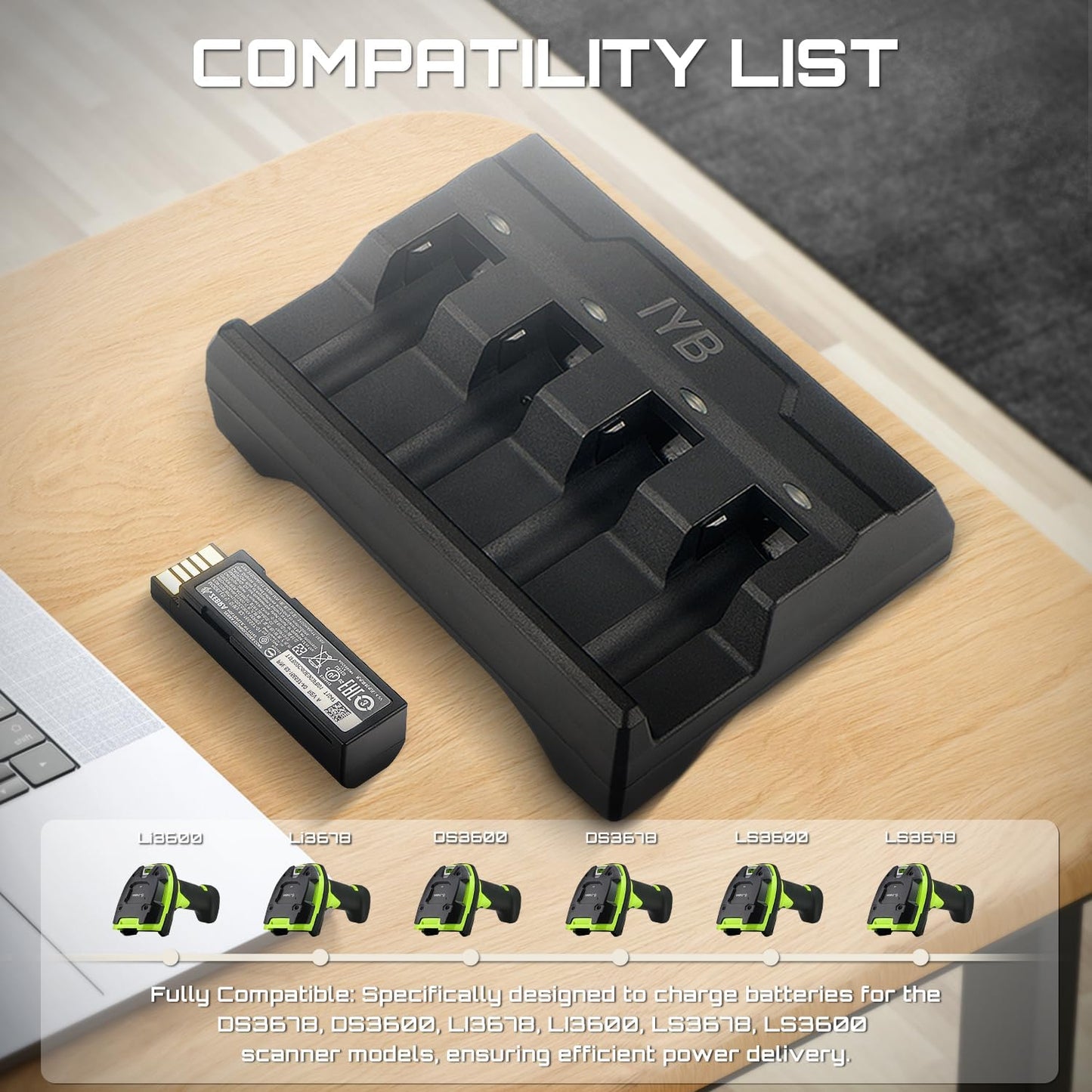 4-Slot Battery Charger SAC3600-4001CR for Zebra Barcode Scanners DS3678, DS3600, LI3678, LI3600, LS3678, LS3600 - Power Adapter Included, BTRY-36IAB0E-00 & 82-166537-01 Compatible